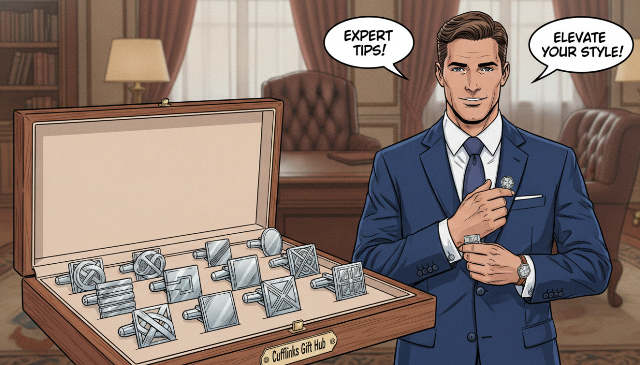 A beautifully arranged set of silver cufflinks designed for men, showcasing a variety of styles including classic knots, modern geometric shapes, and elegant engravings. In the foreground, focus on a polished wooden display case, with the cufflinks glimmering under soft, warm lighting that highlights their craftsmanship. The middle ground features a stylishly dressed male model in a fitted navy suit and crisp white shirt, proudly showcasing the cufflinks at his cuffs. In the background, softly blurred office decor suggests a sophisticated environment. The atmosphere is classy and refined, evoking a sense of elegance and professionalism. Include branding elements for "Cufflinks Gift Hub," seamlessly incorporated into the display. The image captures the essence of expert tips for wearing cufflinks, emphasizing their role in sophisticated self-expression.