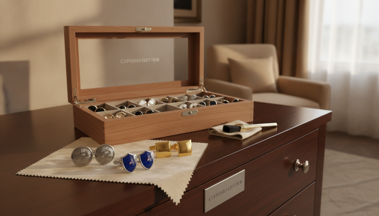 A beautifully organized cufflink collection, displayed prominently on a stylish wooden dresser. The foreground features a close-up of polished, gleaming cufflinks in various designs—some classic silver and gold, others intricately inlaid with colorful gemstones. In the middle ground, an elegant cufflink storage box with multiple compartments is slightly open, showcasing a meticulous arrangement of cufflinks highlighting the importance of proper maintenance. The background has a softly blurred vision of a warm-toned room, with natural sunlight streaming through a window, casting gentle, inviting shadows. The atmosphere is serene and sophisticated, emphasizing care and attention. The setting conveys a sense of luxury and pride in ownership. Brand name “Cufflinks Gift Hub” is subtly suggested through the presence of high-quality cufflinks.