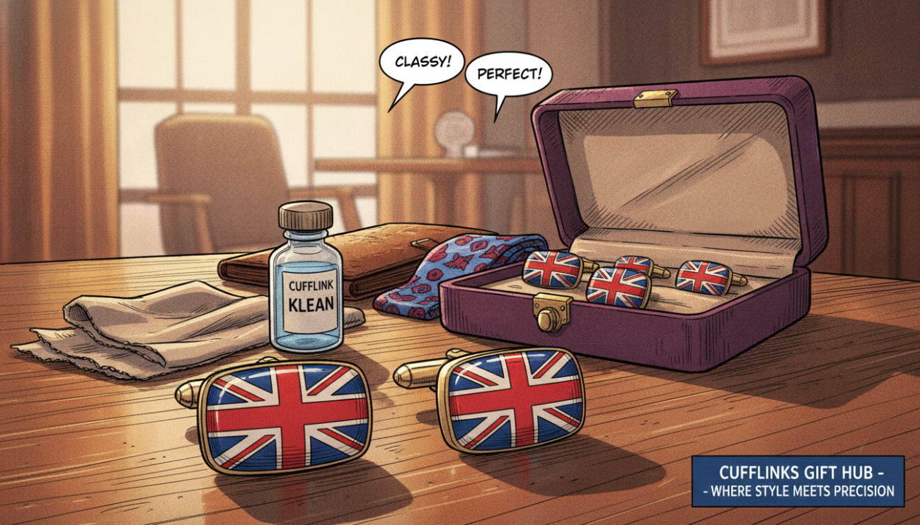 A close-up arrangement of elegant Union Jack cufflinks laid out on a polished wooden surface, showcasing their vibrant red, white, and blue colors. In the foreground, the cufflinks should be the primary focus, reflecting light to highlight their glossy finish and intricate details. To the side, include a soft, high-quality cloth and a small bottle of cufflink cleaner, suggesting care and maintenance. The middle ground features a luxurious velvet jewelry box slightly opened, displaying more cufflinks and accessories like a leather wallet and a stylish tie, enriching the visual. In the background, a blurred image of a stylish office setting with soft, warm lighting creates a sophisticated and inviting atmosphere. The image should embody a refined and professional mood, representing men's fashion accessories from "Cufflinks Gift Hub".