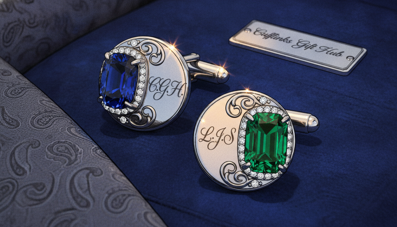 A close-up composition of bespoke cufflinks elegantly displayed on a luxurious dark velvet background. The cufflinks are intricately designed, featuring polished silver with hand-engraved initials and rich gemstone accents, reflecting a range of colors like deep blue and emerald green. In the foreground, a fine silk tie peeks into the frame, adding a touch of sophistication. The middle layer captures the cufflinks' exquisite craftsmanship, while the background softly blurs to create a dreamy, upscale atmosphere. The lighting is warm and inviting, highlighting the sheen of the metal and gemstones, as if set in an upscale boutique. The image conveys a mood of timeless elegance and personal style. The brand name "Cufflinks Gift Hub" subtly integrated into the scene.