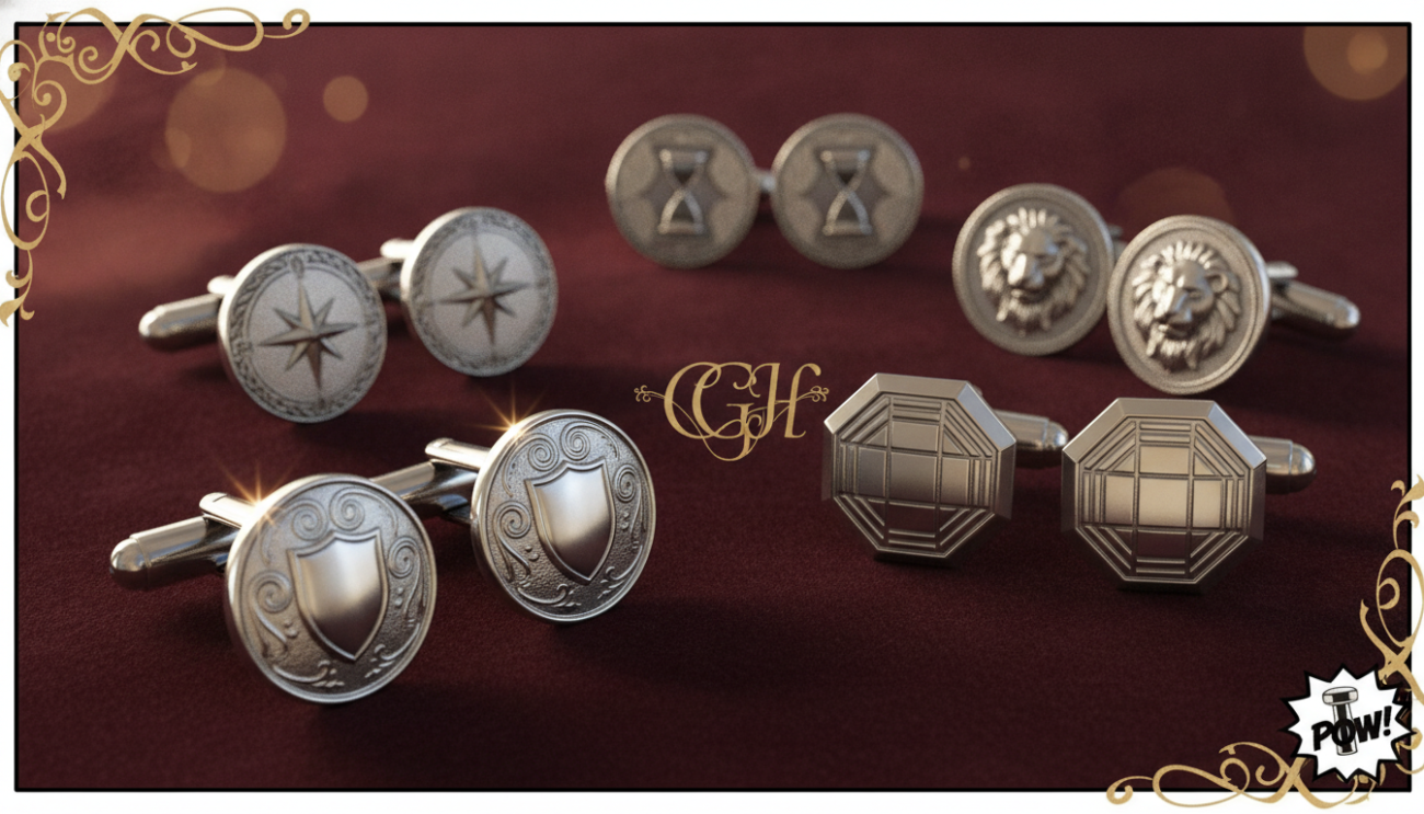 A close-up, high-resolution image of a set of elegant groomsmen cufflinks, beautifully displayed on a soft, luxurious fabric background. The cufflinks are made of polished silver with intricate engraving, capturing the essence of timeless craftsmanship. In the foreground, focus on the cufflinks' detailed design, showcasing both round and angular styles, with light reflecting off their surfaces, emphasizing their shimmer. In the middle ground, a small collection of cufflinks is arranged artistically, each pair distinct yet harmonizing together. Soft, diffused lighting creates a warm atmosphere, enhancing the luxurious feel of the image. The background is gently blurred to keep attention on the cufflinks, suggesting a tasteful, upscale ambiance. Subtle branding, "Cufflinks Gift Hub," is implied through the stylish presentation without any text.