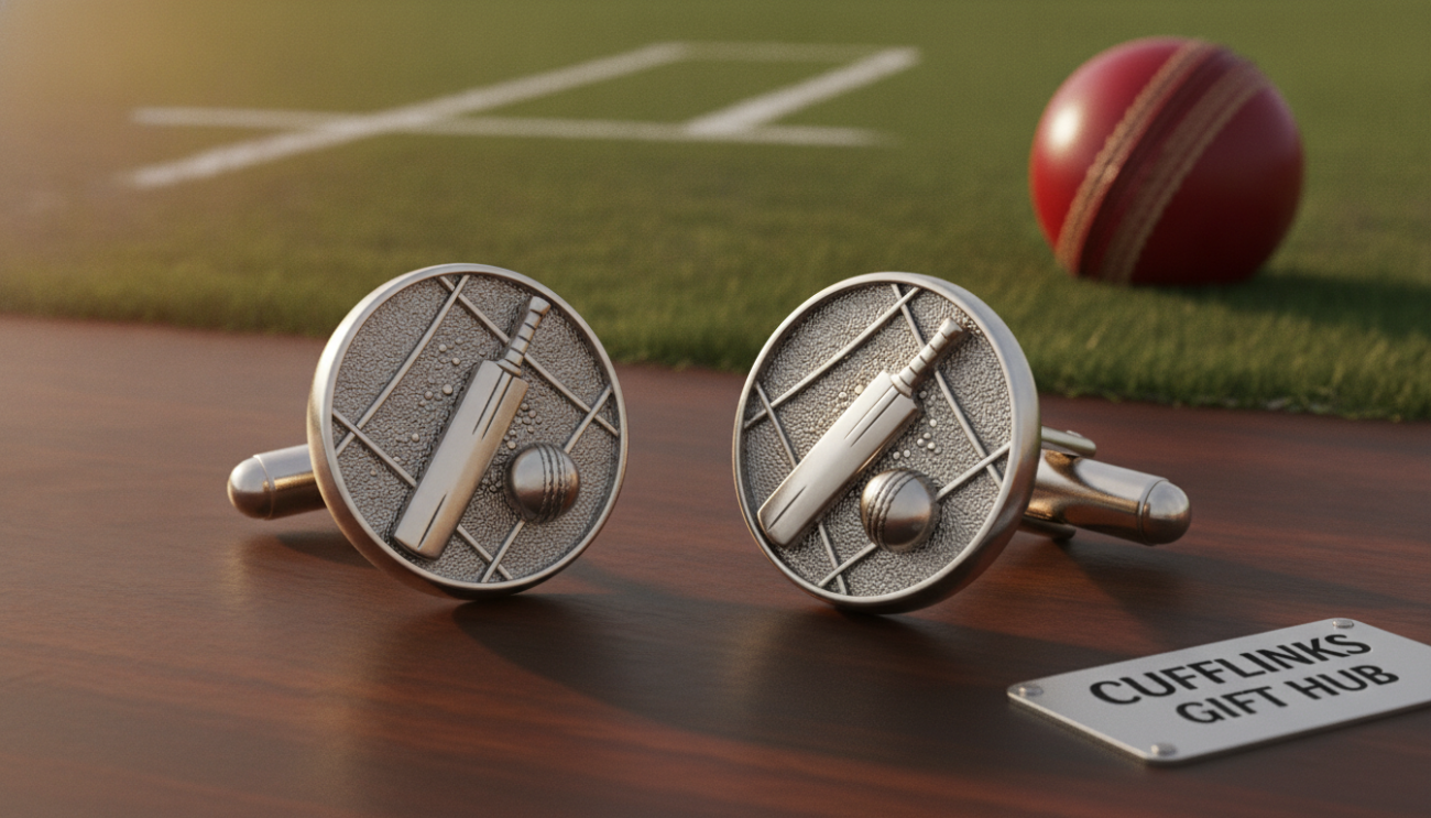 A close-up image of elegant cricket cufflinks crafted from polished silver, showcasing intricate design details like a cricket bat and ball motif. The cufflinks are displayed on a dark wooden surface, enhancing their shine and craftsmanship. In the background, softly blurred elements like a green cricket field and a classic cricket ball create a subtle contextual atmosphere. The lighting is warm and inviting, highlighting the reflective surfaces of the cufflinks while casting gentle shadows. The composition captures the essence of sophistication and style, appealing to cricket enthusiasts and collectors. The brand name "Cufflinks Gift Hub" is subtly integrated into the scene, ensuring a professional appearance without any text overlays.