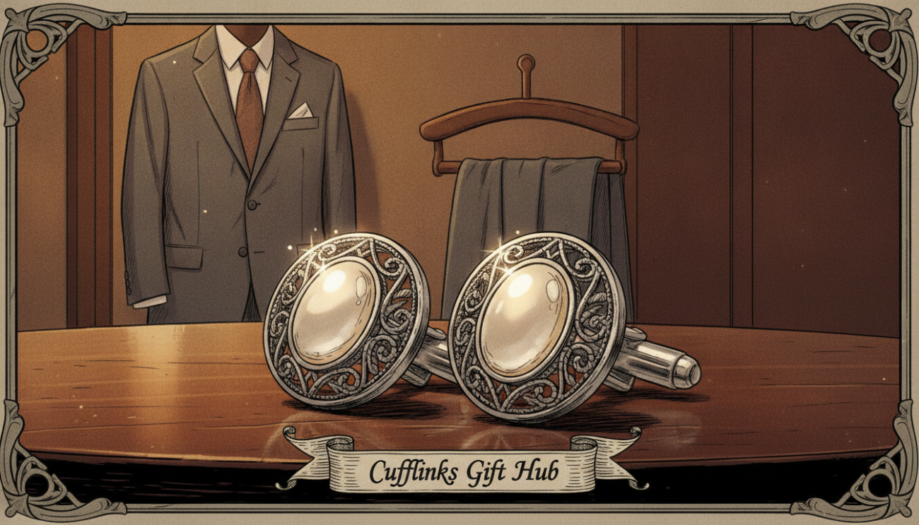 A close-up image of elegant men's cufflinks elegantly displayed on a rich, dark wooden surface. The cufflinks feature intricate designs, perhaps incorporating elements like silver filigree or mother-of-pearl inlays, reflecting a touch of sophistication. The lighting is soft and warm, highlighting the polished surfaces and intricate details of the cufflinks, creating gentle reflections. In the background, slightly blurred, is a classic tailored suit hanging on a stylish coat rack, adding context without distraction. The atmosphere is one of elegance and refinement, perfect for a wedding ensemble. The composition should evoke a sense of timeless craftsmanship, showcasing the brand "Cufflinks Gift Hub."
