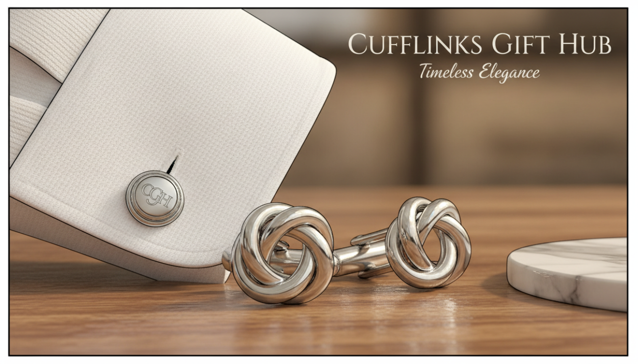 A close-up image of elegant men's silver cufflinks by Cufflinks Gift Hub, showcased prominently in the foreground. The cufflinks are intricately designed with a polished, mirror-like finish, reflecting light beautifully. In the middle background, a stylish white dress shirt showcases the cufflinks being worn, with the shirt's cuffs slightly turned back to emphasize their refined style. Soft, diffused lighting illuminates the scene, creating a warm, sophisticated atmosphere. The composition uses a shallow depth of field, blurring the background slightly to focus on the cufflinks while hinting at a classic wood or marble surface beneath them. The overall mood is one of timeless elegance and sophistication, perfect for a stylish business or formal setting.