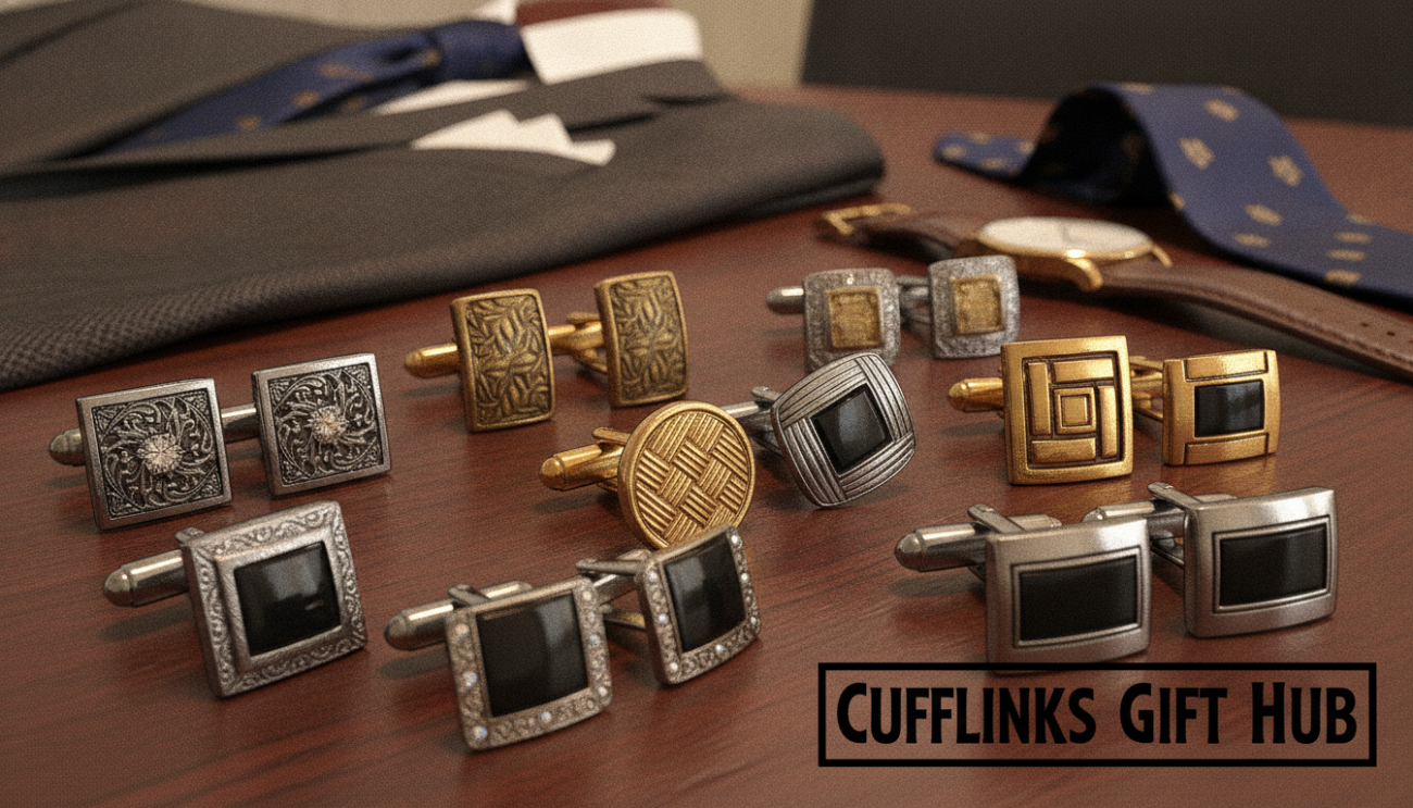 A close-up image of elegantly designed men's cufflinks displayed on a polished wooden table, showcasing various styles including classic silver and gold finishes with intricate patterns. The cufflinks should be positioned creatively, some slightly tilted to catch the light, while others lie flat. Soft, warm lighting illuminates the scene, creating a sophisticated ambiance, enhancing the materials' richness and sheen. In the background, slightly blurred, are hints of a stylish, classy gentleman's outfit, featuring a tailored suit and crisp dress shirt. The focus is on the cufflinks as a symbol of timeless elegance, suggesting refinement and style. Capture this essence with a shallow depth of field using a 50mm lens. Branding clearly visible: "Cufflinks Gift Hub".