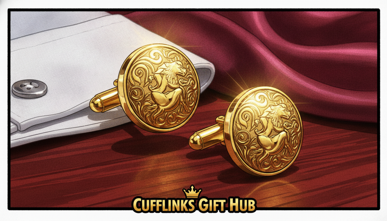 A close-up image of exquisite gold cufflinks crafted with meticulous attention to detail. The cufflinks feature intricate engravings and a polished finish, reflecting light brilliantly. In the foreground, the cufflinks are displayed on a deep mahogany surface, adding warmth and elegance to the scene. The middle ground includes a soft-focus tailored white dress shirt with a subtle texture, hinting at their intended use in formal attire. The background is softly blurred with a touch of luxurious fabric, creating a rich atmosphere. The lighting is warm and inviting, highlighting the lustrous gold with subtle shadows, captured using a macro lens from a slightly elevated angle. The image exudes sophistication and craftsmanship, showcasing the high-quality artistry of "Cufflinks Gift Hub."