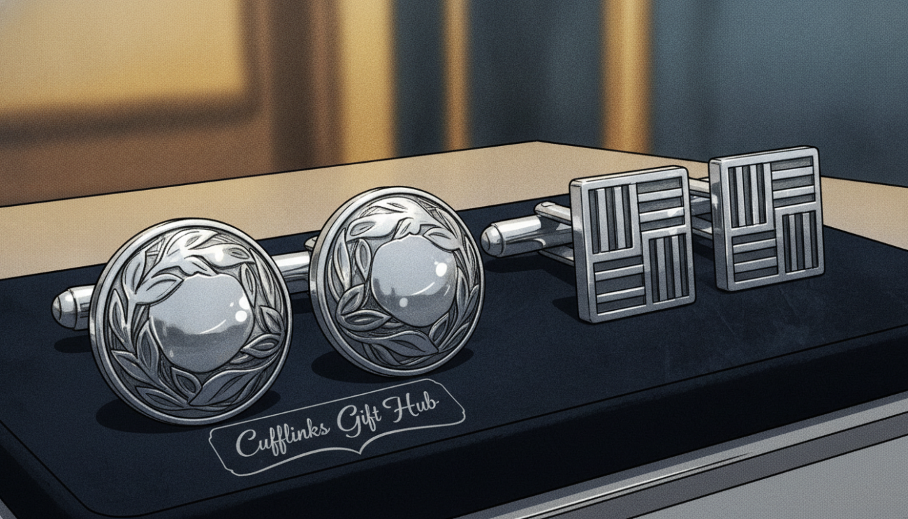 A close-up image of exquisite silver cufflinks from "Cufflinks Gift Hub," showcasing intricate designs and a polished finish. The cufflinks should be elegantly displayed on a soft, dark velvet surface to emphasize their shine and craftsmanship. In the foreground, focus on the cufflinks, highlighting their unique shapes—one pair featuring classic round styles while another showcases modern geometric patterns. In the middle, subtle hints of reflection can be seen, enhancing the cufflinks' metallic luster. The background should be out of focus but suggestive of an upscale setting, with soft, diffused lighting creating a luxurious atmosphere. The overall mood is one of timeless elegance and refined style, perfect for those who appreciate the finer details of formal attire.