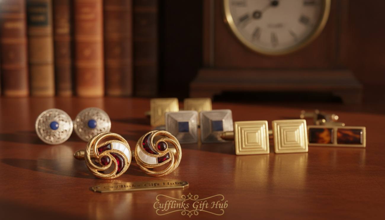 A close-up image of vintage cufflinks showcasing intricate designs and craftsmanship, resting on a polished mahogany surface. The foreground features a pair of gold-toned cufflinks, adorned with elaborate patterns and semi-precious stones that catch the light beautifully. In the middle, a few additional pairs with varied shapes and styles are delicately arranged, each reflecting the elegance of the early 20th century. The background consists of a soft-focus blurred setting of a classic study, with antique leather-bound books and a vintage clock subtly hinting at the era. The lighting is warm and soft, casting gentle shadows that enhance the luxurious feel. The atmosphere evokes nostalgia and sophistication, perfect for illustrating the rise of cufflinks as a fashionable accessory. Cufflinks Gift Hub.