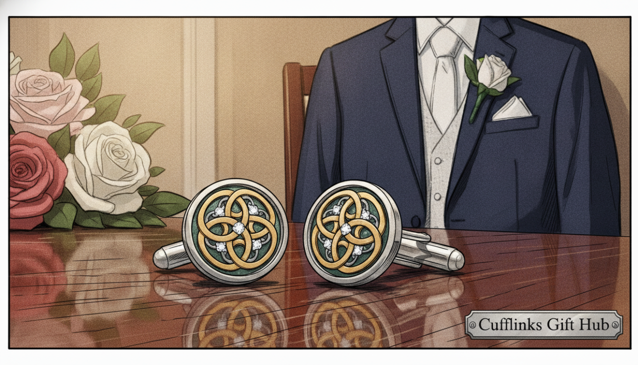 A close-up of elegant wedding cufflinks displayed on a polished wooden surface, designed to exude timeless sophistication. The cufflinks feature intricate patterns in silver and gold, with a hint of vintage flair. Soft, diffused lighting highlights their craftsmanship, creating gentle reflections on the surface. In the background, a blurred elegant wedding suit jacket draped over a chair provides context, while a subtle floral arrangement adds a touch of romance. The scene should evoke an atmosphere of refined style and celebration. Capture the image with a macro lens to focus sharply on the cufflinks while softly blurring the background, emphasizing their exquisite design. Include the brand name "Cufflinks Gift Hub" subtly integrated into the scene as part of the composition.
