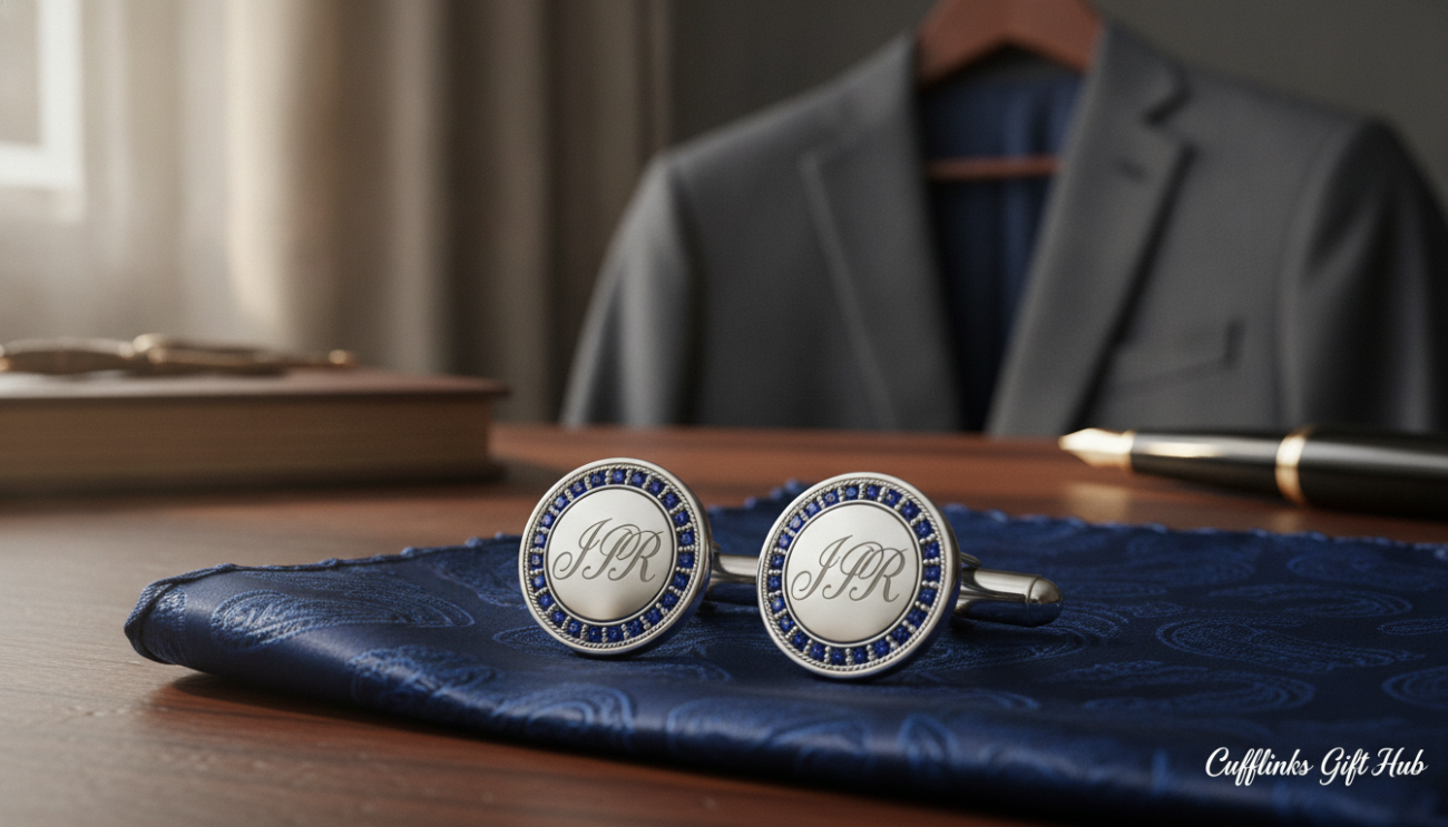 A close-up of personalized cufflinks designed by Cufflinks Gift Hub. The foreground features a pair of elegantly crafted cufflinks, highlighting unique design elements such as intricate engravings and gemstone accents, showcasing the craftsmanship and attention to detail. In the middle ground, a delicate fabric, perhaps a silk handkerchief or tailored shirt, subtly complements the cufflinks, enhancing the luxurious feel. The background is softly blurred, featuring a stylish wooden desk and an elegant suit jacket hanging, creating a sophisticated atmosphere. Warm, natural lighting illuminates the scene, casting gentle shadows and emphasizing the textures. The overall mood is confident and refined, inviting the viewer to appreciate the artistry and personalization of these standout accessories.