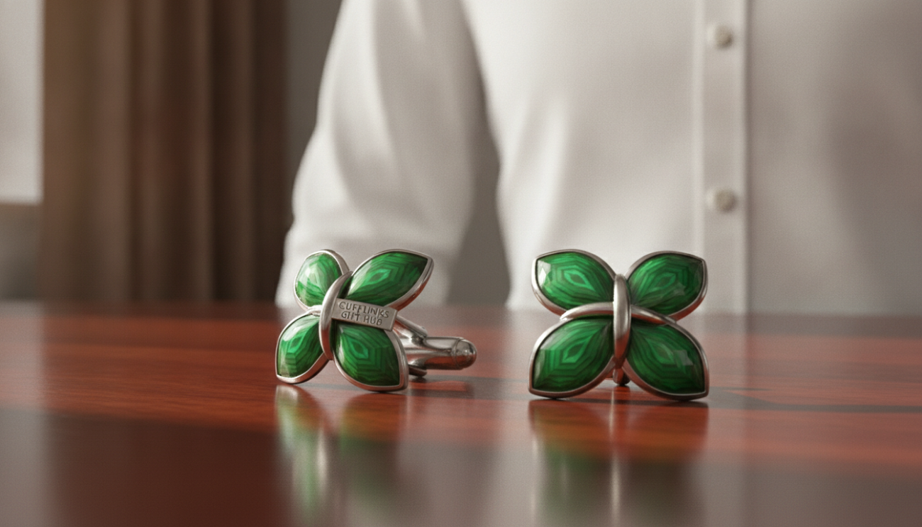 A close-up shot of elegant green cufflinks displayed prominently on a sleek wooden surface, showcasing their intricate design and vibrant emerald hue. The cufflinks are set against a softly blurred background of a smartly dressed mannequin in a tailored white dress shirt, enhancing the cufflinks' appeal. Ambient lighting illuminates the scene, creating a warm and inviting atmosphere, while soft shadows add depth. The composition should feel sophisticated, aimed at fashion-forward professionals looking to elevate their outfits. The brand logo "Cufflinks Gift Hub" is subtly integrated into the design, emphasizing quality and style without overpowering the visuals. The overall mood exudes elegance and refined taste, perfect for an article on stylish accessories.