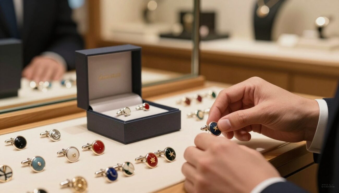 A close-up view of a sophisticated display of cufflinks, elegantly arranged on a wooden surface, showcasing various styles and materials including silver, gold, and colorful enamel. In the foreground, a pair of hands, dressed in a professional business attire, carefully picks a pair of cufflinks that symbolize elegance and thoughtfulness. The middle ground features a sleek, refined gift box slightly ajar, hinting at a thoughtful presentation. In the background, a softly blurred jewelry store with a warm ambiance, showcasing additional cufflinks and accessories. The scene is illuminated by gentle, diffused lighting that enhances the luxurious feel, creating a warm, inviting atmosphere that conveys the importance of selecting the perfect gift. The branding 'Cufflinks Gift Hub' subtly integrated in the corner of the image completes the scene.