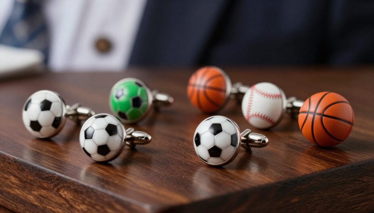 A close-up view of a stylish assortment of sports-themed cufflinks, showcasing designs such as miniature footballs, basketballs, and baseballs, all crafted with exquisite detailing. The cufflinks are arranged on a sleek, dark wooden surface, giving them a sophisticated backdrop. In the foreground, a pair of cufflinks shaped like a soccer ball glistens under soft, warm lighting, emphasizing their polished silver and enamel finish. In the middle, various designs reflect vibrant colors and intricate textures, highlighting the passion of sports lovers. The background is softly blurred, creating a depth of field effect, with hints of a tailored suit and elegant cuff shirt subtly suggesting the ideal context for the cufflinks. The overall mood is classy and inviting, perfect for any sports enthusiast's formal attire. This image is a creation of "Cufflinks Gift Hub".