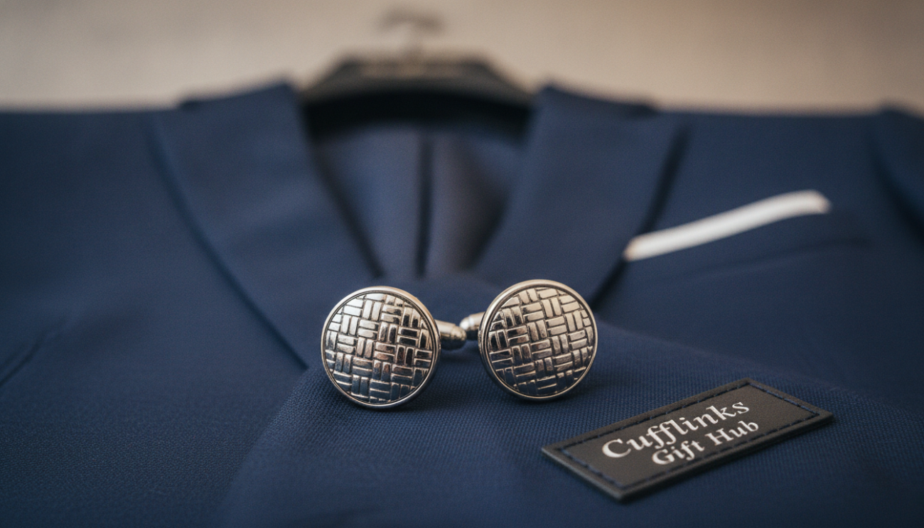 A close-up view of elegant cufflinks specifically designed to complement a navy suit, featuring a classic, timeless aesthetic. The cufflinks display a polished silver finish with intricate designs that catch the light beautifully. In the foreground, the cufflinks are elegantly laid on a rich, textured navy suit fabric, showcasing the contrast. The middle layer includes a soft-focus background of a well-tailored navy suit hanging on a sleek hanger, enhancing the sophisticated connection between the accessories and the suit. Soft, diffused lighting casts a warm glow, highlighting the cufflinks while ensuring the overall atmosphere is one of refinement and elegance. Shot from a slightly elevated angle to showcase depth and detail, creating an inviting image for those seeking to elevate their formal attire. Cufflinks Gift Hub.