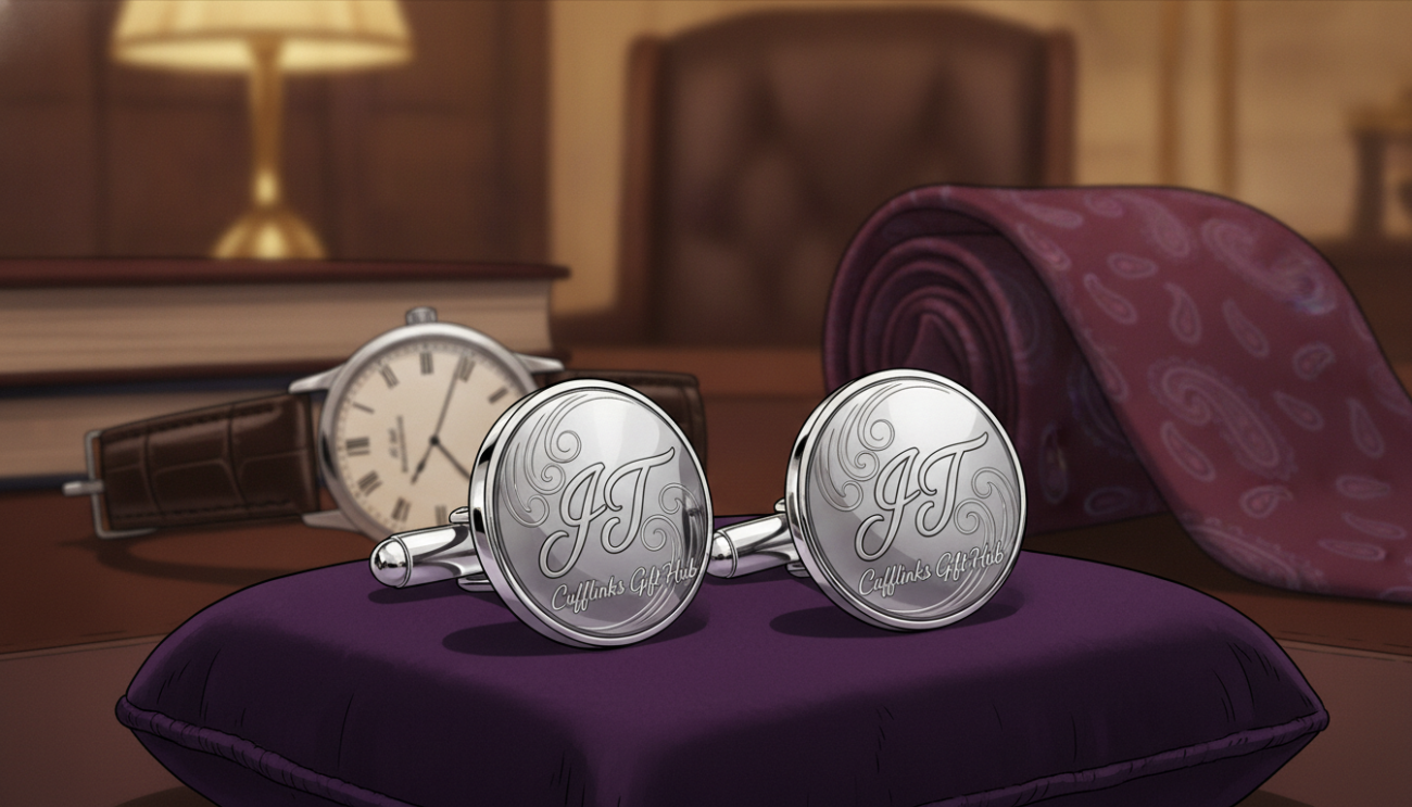 A close-up view of elegant personalized cufflinks meticulously crafted from premium silver and embellished with intricate engravings of initials. The cufflinks are displayed on an elegantly textured dark velvet fabric in the foreground, highlighting their sophisticated design. In the middle ground, a stylish leather watch and an exquisite silk tie are subtly positioned, enhancing the luxurious atmosphere. The background features a softly blurred opulent office setting with warm, ambient lighting that creates a welcoming and refined mood. A shallow depth of field captures the cufflinks in sharp detail while the surrounding elements fade gently into the background, conveying a sense of timeless style. The brand name “Cufflinks Gift Hub” is part of the cufflink design, adding a personalized touch without disrupting the overall aesthetic.