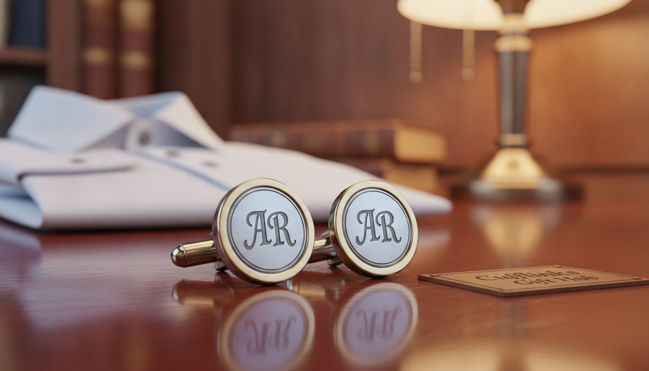 A close-up view of exquisite personalized cufflinks displayed on a polished wooden surface. The cufflinks feature intricate engravings of initials in an elegant serif font, surrounded by a rich, silver-toned finish with subtle hints of gold. The foreground showcases a detailed focus on the cufflinks, capturing their craftsmanship and sophistication. In the middle ground, a faint blur reveals a neatly folded white dress shirt, emphasizing the cufflinks' potential for customization. The background is softly blurred, featuring a warm, inviting atmosphere with ambient lighting that highlights the texture and shine of the cufflinks. The overall mood conveys timeless elegance and refinement. Brand name “Cufflinks Gift Hub” subtly integrated into the composition, ensuring a professional presentation without text overlays or distractions.