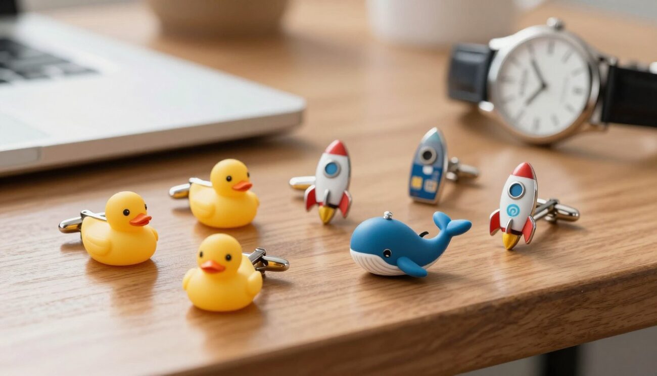 A collection of quirky novelty cufflinks displayed on a polished wooden surface, each pair designed with humorous themes such as a tiny rubber duck, a mini blue whale, and a playful cartoon-inspired rocket ship. The cufflinks should be arranged artfully to showcase their unique designs, with the background featuring soft-focus office elements like a sleek desk and a stylish watch to imply a professional setting. The lighting should be bright but warm, casting gentle reflections on the metallic surfaces of the cufflinks. Capture this scene from a slightly elevated angle to highlight the depth and details of each cufflink while maintaining a fun yet sophisticated atmosphere. The image should resonate with creativity and lightheartedness, reflecting the identity of "Cufflinks Gift Hub".