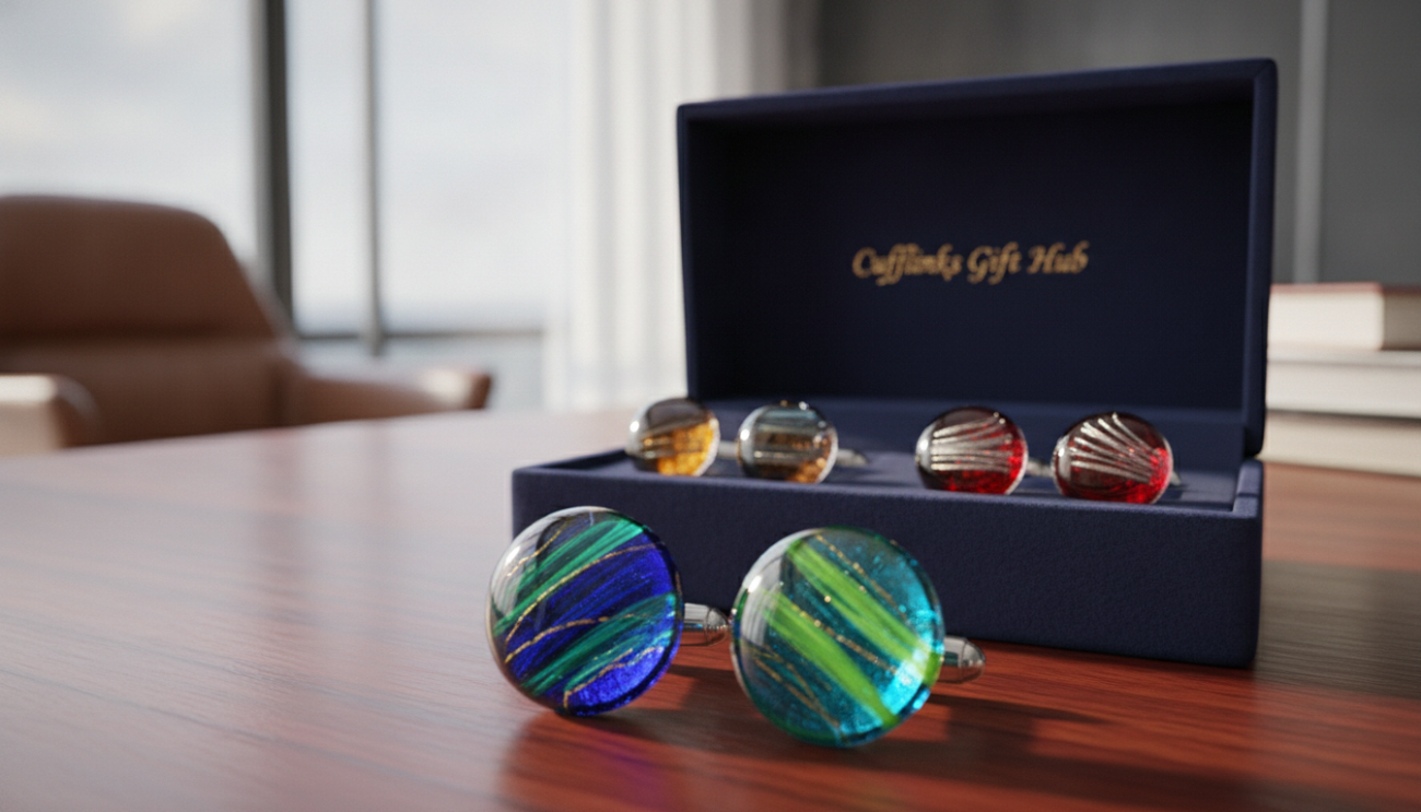 A detailed close-up of elegant glass cufflinks arranged on a polished wooden surface, showcasing their unique colors and intricate designs. The foreground features a pair of sparkling blue and green glass cufflinks with light reflecting off their surfaces, while the middle layer captures a stylish cufflink presentation box, subtly displayed. The background includes a blurred office environment with soft, natural lighting filtering through a nearby window, creating a warm and inviting atmosphere. The mood is sophisticated and professional, ideal for a materials expert consultation. The branding "Cufflinks Gift Hub" subtly integrated into the cufflink presentation box adds an element of authenticity. Wide-angle perspective with a focus on clarity and detail, emphasizing the beauty and craftsmanship of the glass material.