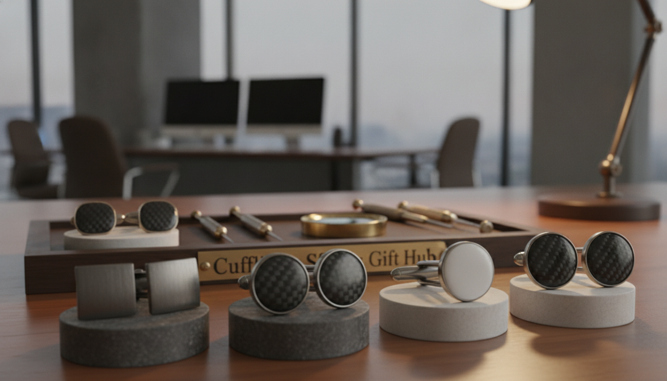 A detailed composition focused on an elegant display of various cufflink materials reflecting modern innovations. In the foreground, showcase an assortment of cufflinks made from high-tech materials like titanium, carbon fiber, and sleek ceramic, each beautifully textured and polished. The middle ground features a sophisticated workspace with tools for crafting cufflinks, such as a magnifying glass and precision instruments, bathed in soft, warm lighting to create an inviting atmosphere. In the background, a blurred image of a professional office setting hints at the business context. The overall mood is one of craftsmanship and luxury, underscoring the impact of technology on cufflink materials. Optimal lighting should enhance the sheen of the metals and materials. Include subtle branding elements indicating "Cufflinks Gift Hub."