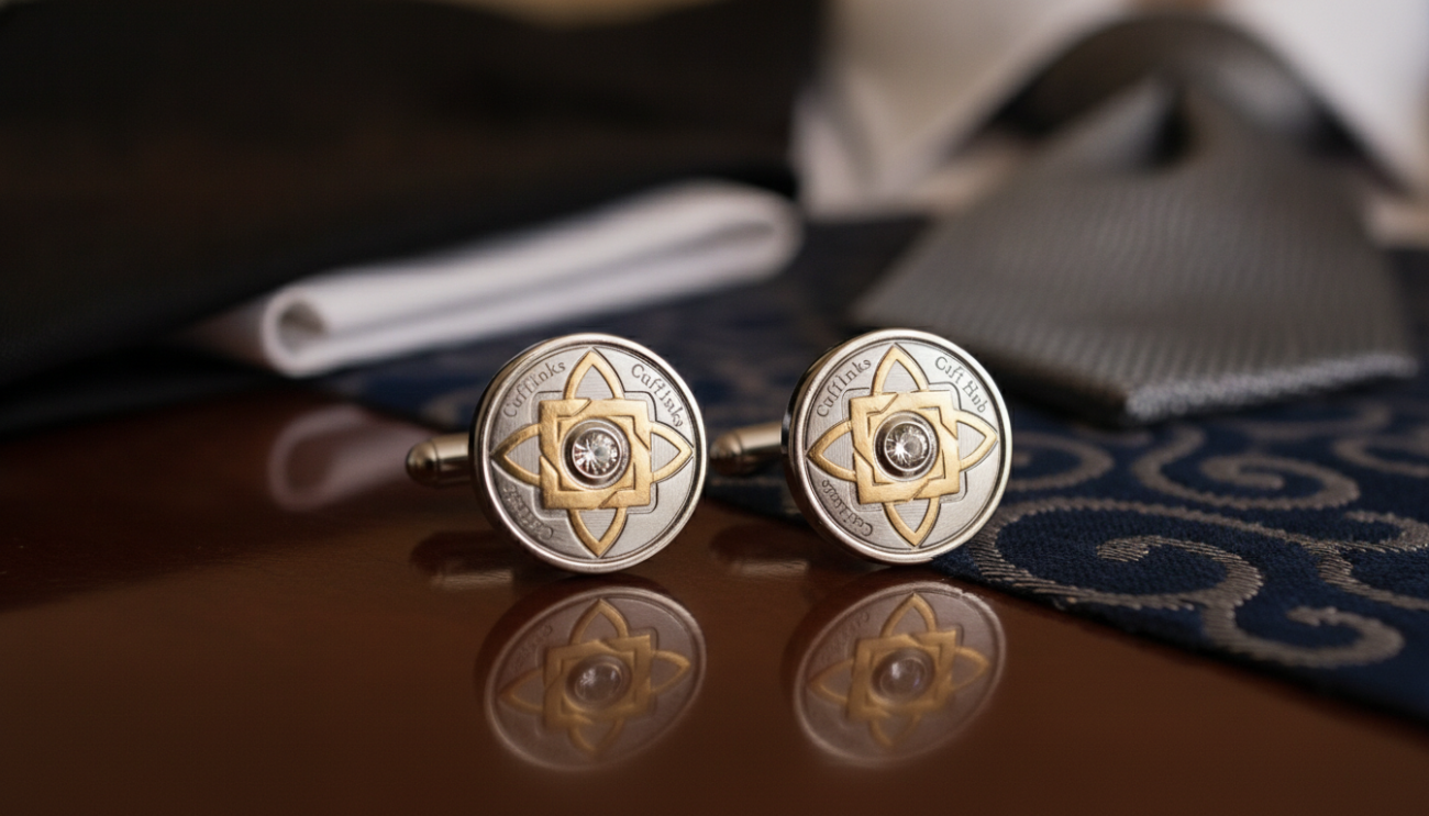 A finely crafted pair of groom's cufflinks showcasing intricate detail and timeless elegance. In the foreground, the cufflinks are elegantly displayed on a polished mahogany surface, reflecting soft light that enhances their metallic finish. The middle layer features a plush, dark velvet cushion to further highlight the craftsmanship, adorned with delicate stitching. In the background, slightly blurred, elegant wedding-related items like a tuxedo jacket and a refined tie are subtly suggested, evoking a sense of sophistication. The lighting is warm and inviting, creating a romantic atmosphere. The image is captured with a shallow depth of field to draw attention to the cufflinks while maintaining focus on the surrounding elegance. Include the brand name "Cufflinks Gift Hub" prominently as part of the cufflinks' display.