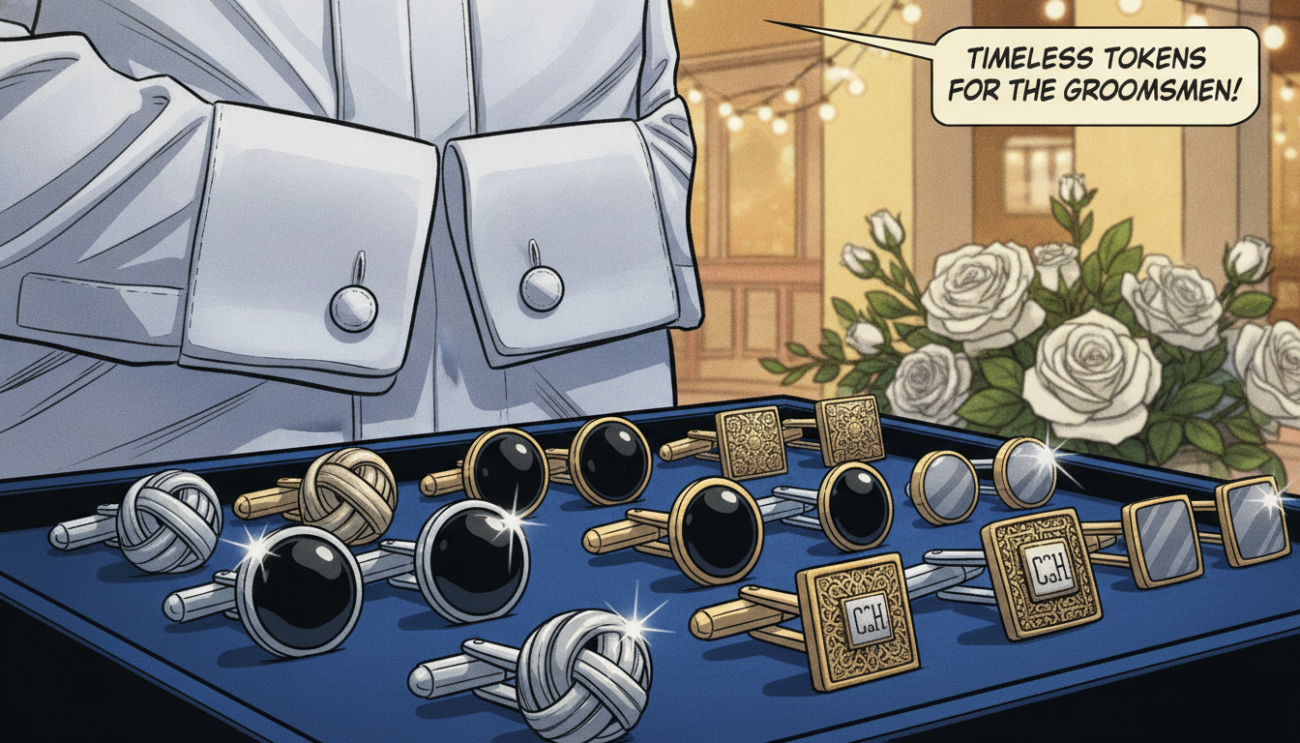 A highly detailed image showcasing a collection of elegant groomsmen cufflinks designed by Cufflinks Gift Hub. In the foreground, display a variety of cufflinks including classic silver knot designs, refined black onyx styles, and intricate vintage-inspired pieces, each resting on a luxurious velvet display tray. In the middle, blur a set of polished white dress shirts with open cuffs, suggesting an elegant setting ready for formal wear. The background features soft, warm lighting casting subtle shadows, creating an inviting atmosphere. Use a shallow depth of field to maintain focus on the cufflinks while providing a glimpse of a tasteful wedding setting with gently blurred floral arrangements. The mood is sophisticated and celebratory, perfect for illustrating the concept of cufflinks as timeless groomsmen gifts.