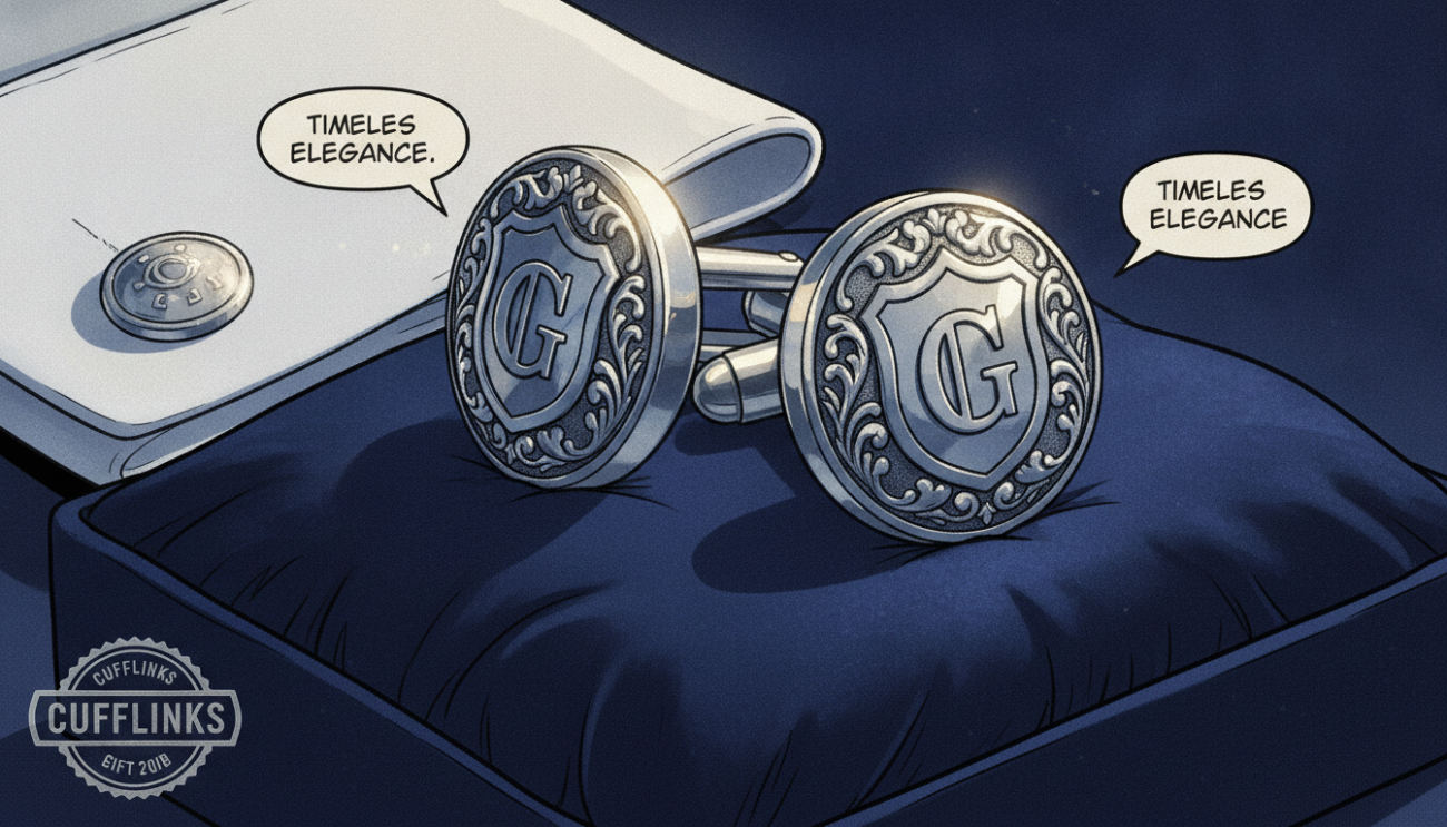 A luxurious close-up shot of a pair of elegant cufflinks designed by "Cufflinks Gift Hub". The cufflinks are crafted from polished silver, featuring intricate engravings and a classic design that reflects sophistication and confidence. In the foreground, highlight the cufflinks against a soft, dark velvet background, which adds depth. The lighting should be soft yet focused, creating gentle reflections on the metallic surface, enhancing their quality. In the middle background, include a subtle hint of a tailored shirt cuff, showcasing professionalism and style. Use a shallow depth of field to blur the background slightly, drawing attention to the cufflinks. The overall mood should convey elegance and tradition, encapsulating the rich history and evolution of cufflinks in fashion.