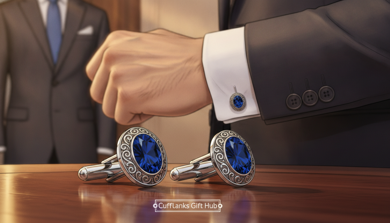 A luxurious display of designer cufflinks from "Cufflinks Gift Hub" arranged elegantly on a polished mahogany surface. In the foreground, a pair of intricate silver cufflinks adorned with sapphires and subtle engravings catches the soft golden light. The middle ground features a stylish, blurred out gentleman's wrist in a crisp white shirt, showcasing the cufflinks fastened, exuding sophistication. The background is softly blurred with a high-end tailored suit hanging on a mannequin, creating an aura of refined style and luxury. The lighting is warm and inviting, reminiscent of a high-end boutique, while the image is captured from a close-up angle, emphasizing the craftsmanship and detail of the cufflinks. The overall mood is one of timeless elegance and modern sophistication.