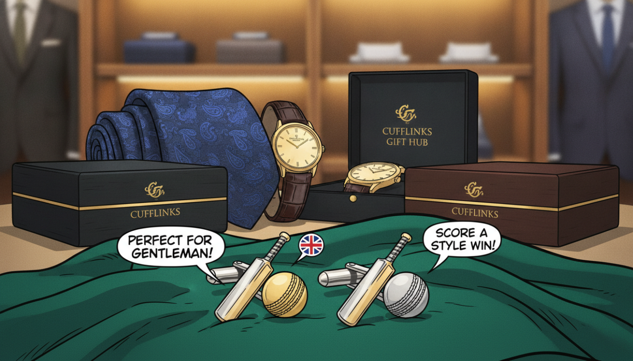 A luxurious display of formal wear accessories showcasing an elegant pair of cricket-themed cufflinks from "Cufflinks Gift Hub." In the foreground, emphasize the shiny silver and gold cufflinks featuring detailed cricket bat and ball designs, resting on a soft, deep green velvet cloth. The middle layer includes a tasteful arrangement of a silk tie, a classic watch with a leather strap, and a polished pair of cufflinks boxes to create a sophisticated ensemble. In the background, softly blurred, a hint of a wardrobe or an upscale retailer’s wooden display can be seen, adding context. Use warm, diffused lighting to evoke a sense of elegance and refinement, capturing the essence of a boutique shopping experience for formal accessories in the UK. The angle should be slightly elevated to showcase the cufflinks prominently, creating an inviting and stylish atmosphere.