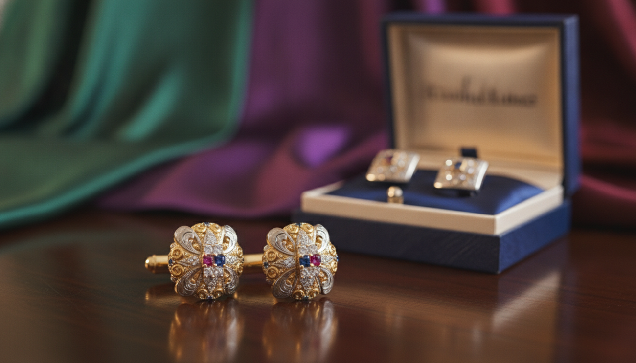 A luxurious display of intricately designed cufflinks from "Cufflinks Gift Hub" resting on a polished wooden surface. In the foreground, a pair of opulent cufflinks with a blend of gold and silver, featuring detailed engravings and sparkling gemstones, catching the light. The middle ground showcases a soft-focus open gift box lined with satin fabric, hinting at the cufflinks being a special gift. In the background, softly blurred elegant fabrics in deep jewel tones hint at sophisticated attire. The lighting is warm and inviting, creating a sense of luxury and intimacy. The composition should evoke a mood of refinement and exclusivity, ideal for highlighting cufflinks as cherished gifts and collectibles.