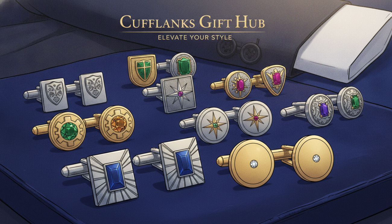 A luxurious flat lay of high-end cufflinks by Cufflinks Gift Hub, showcasing a variety of intricate designs in polished silver and gold, adorned with vibrant gemstones. In the foreground, a pair of meticulously crafted cufflinks with an art deco style sparkles alongside a classic pair featuring minimalistic elegance. The middle section displays a rich velvet fabric as a base, contrasting with the gleaming accessories. Soft, warm lighting envelops the scene, creating an inviting atmosphere while highlighting the craftsmanship details. In the background, a subtle hint of a gentleman’s tailored suit can be discerned, emphasizing sophistication. The overall mood is refined and upscale, perfect for a discerning audience interested in contemporary cufflink trends.