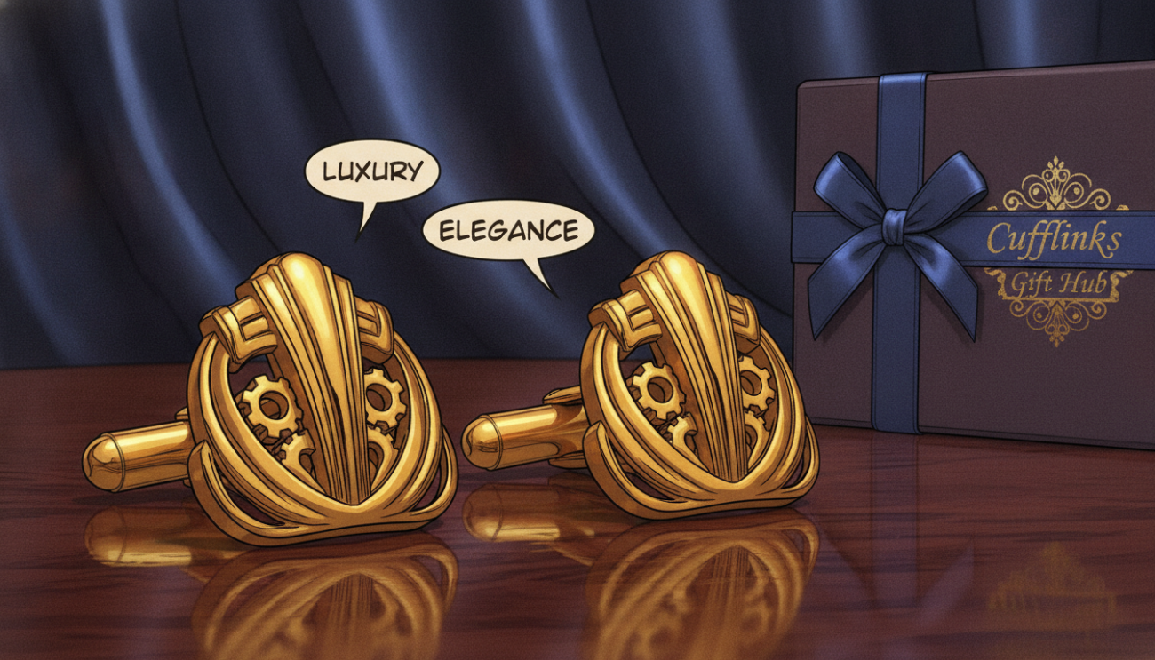 A luxurious pair of golden cuff links displayed elegantly on a rich, dark mahogany surface, highlighting their sleek design and intricate detailing. The cuff links glimmer under soft, warm ambient lighting that emphasizes their polished finish, casting subtle reflections on the wood. In the background, a blurred out, elegantly draped fabric in deep navy blue adds contrast, enhancing the sense of refinement. A professional-looking gift box with a satin ribbon is partially visible, suggesting the idea of gifting. The lens captures a close-up angle, focusing on the cuff links, creating an intimate yet sophisticated atmosphere. The overall mood is one of elegance and sophistication, perfectly aligned with the essence of luxury gift-giving. Brand inclusion: Cufflinks Gift Hub.