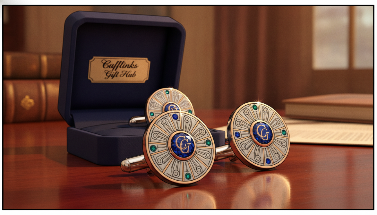 A luxurious set of customised cufflinks displayed elegantly on a polished wooden surface, emphasizing their exquisite craftsmanship. The cufflinks are designed with intricate engravings and gemstone inlays that shimmer under soft, warm lighting, highlighting their premium quality. In the foreground, one cufflink is highlighted, showcasing its unique design, while the middle ground features a stylish velvet cufflink box partially open, suggesting a special occasion gift. The background is softly blurred to suggest a refined setting, perhaps an upscale office or elegant event space. The overall mood is sophisticated and celebratory, inviting the viewer to imagine moments of timeless style. The brand "Cufflinks Gift Hub" is subtly evoked through the luxurious presentation of the cufflinks.