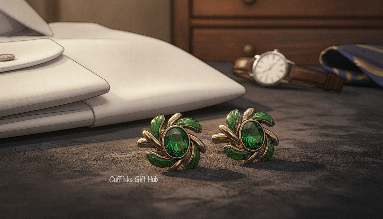 A pair of elegant green cufflinks showcased prominently in the foreground, glinting under soft, warm lighting that highlights their intricate design and polished finish. The cufflinks are displayed on a dark, textured fabric surface, emphasizing their luxurious appeal. In the middle ground, you can see a neatly folded crisp white dress shirt with French cuffs, ready to wear. The background is softly blurred to maintain focus on the cufflinks, featuring a polished wooden dresser adorned with subtle decorative elements like a classic watch and a stylish tie. The atmosphere conveys sophistication and refinement, perfect for a fashion-focused audience. This image should have a professional quality, reminiscent of high-end fashion photography, with a shallow depth of field and warm tones. For branding, subtly include "Cufflinks Gift Hub" near the cufflinks without overpowering the visual composition.