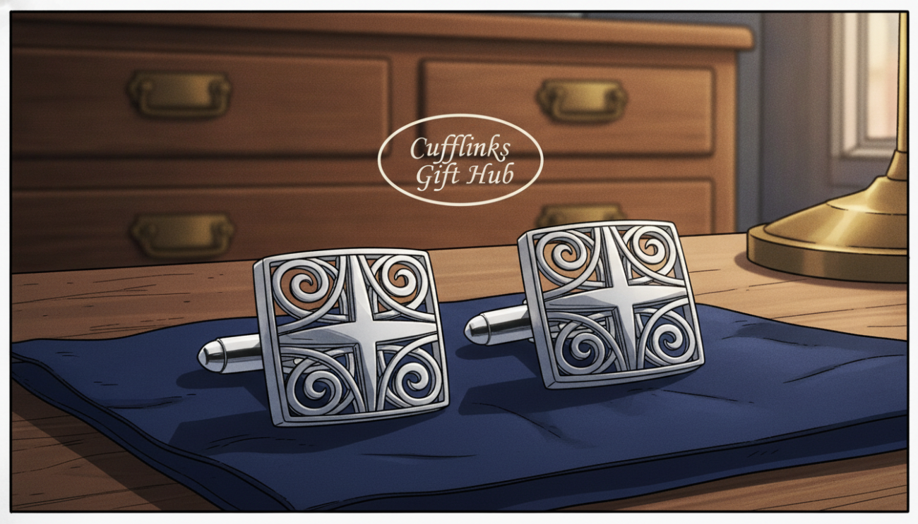 A pair of elegant silver cufflinks designed for men, showcasing intricate detailing and a polished finish to reflect their sophisticated aesthetic. The cufflinks are prominently displayed in the foreground, resting on a luxurious velvet fabric in a deep navy blue, enhancing their shine. In the middle ground, a soft-focus backdrop of a stylish wooden dresser, suggesting a high-end setting. The lighting is warm and inviting, with soft, diffused light illuminating the cufflinks, casting gentle shadows that highlight their contours. The atmosphere is refined and classy, perfect for the theme of giving and self-expression, evoking a sense of luxury and timeless style. Include the brand name "Cufflinks Gift Hub" subtly integrated into the scene to complement the presentation.