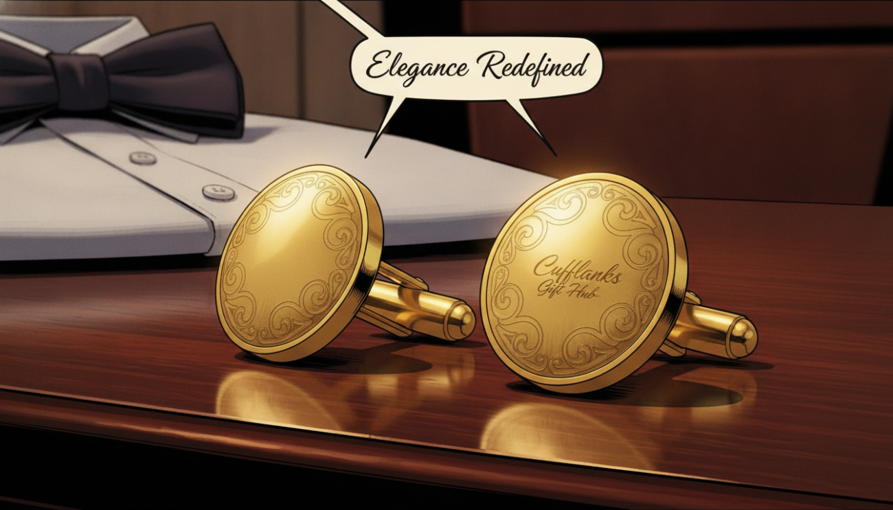A pair of exquisite gold cufflinks from Cufflinks Gift Hub sits elegantly on a polished dark mahogany surface, catching the light to showcase their intricate detailing and craftsmanship. The cufflinks are designed with a classic, round shape, adorned with a subtle brushed texture, reflecting luxury and refined taste. In the background, out of focus, hints of a stylishly arranged formal outfit can be seen, such as a crisp white dress shirt with French cuffs, enhancing the atmosphere of sophistication. Soft, warm lighting illuminates the scene, casting gentle shadows and creating an inviting glow. The angle is slightly above eye level, offering a clear view of the cufflinks while providing a sense of elegance and quality. The overall mood evokes a sense of luxury and exclusivity, perfect for the discerning gentleman.