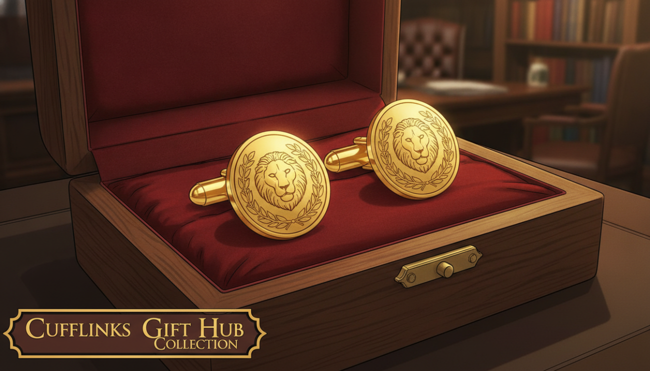 A pair of exquisite golden cuff links elegantly displayed in a polished wooden box, with soft, diffused lighting that highlights their intricate details and reflections. The cuff links feature a classic design, combining subtle engravings and a high-gloss finish that exudes sophistication. In the foreground, focus on the cuff links resting gracefully on plush velvet fabric, adding a touch of luxury. In the middle ground, include the edges of the wooden box, showcasing its rich texture and craftsmanship. In the background, a blurred, softly lit business setting hints at a refined atmosphere, suggesting a sense of professionalism and elegance. The overall mood is one of refined sophistication and care, representing the collection from "Cufflinks Gift Hub."