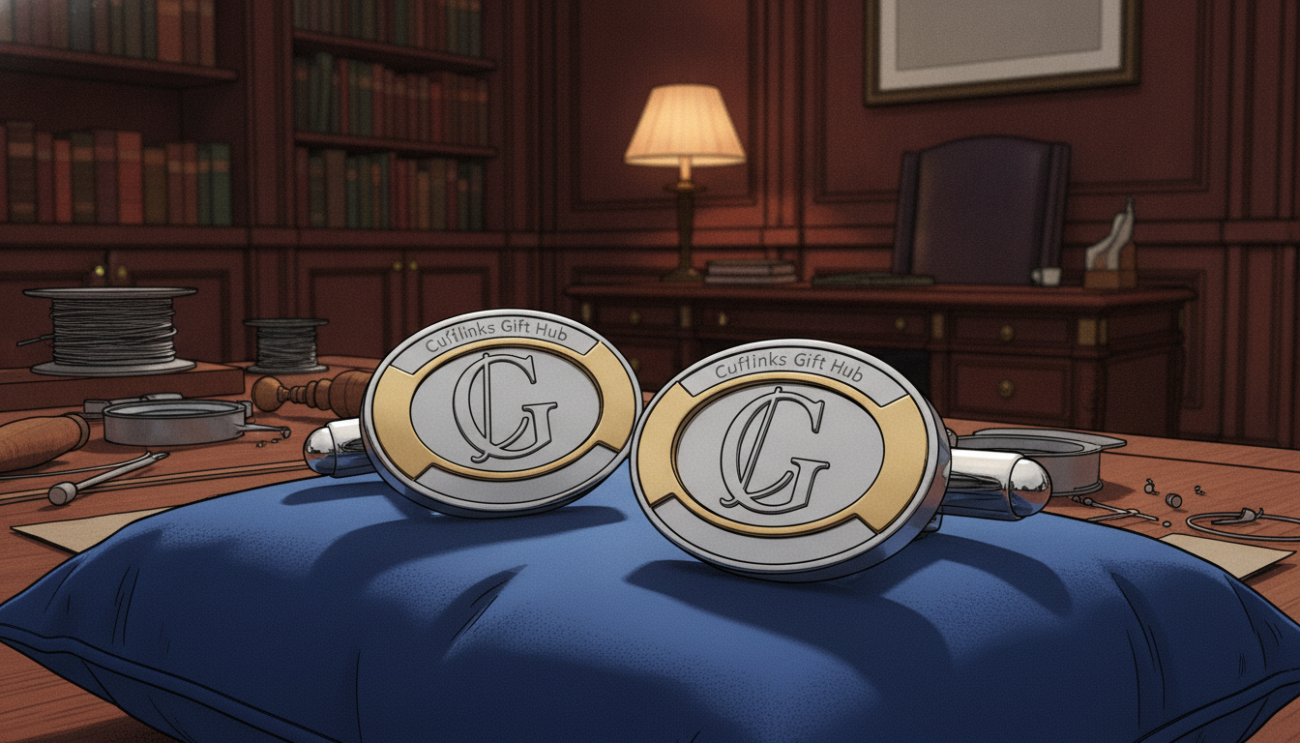 A pair of exquisite personalized cufflinks, elegantly designed with intricate engravings of initials, set against a luxurious velvet backdrop. The foreground features the cufflinks showcasing a polished silver finish with a hint of gold accents, reflecting soft light. In the middle ground, an artisan's workbench is subtly visible, with tools and materials that hint at premium craftsmanship. The background features a blurred, opulent study with dark wood paneling and gentle, warm lighting that evokes a sense of sophistication. The mood is one of refinement and timeless style, capturing the essence of customisation in fashion. The brand name "Cufflinks Gift Hub" emphasized in the cufflink design. The composition is shot with a macro lens to highlight the intricate details and textures, creating an inviting atmosphere.