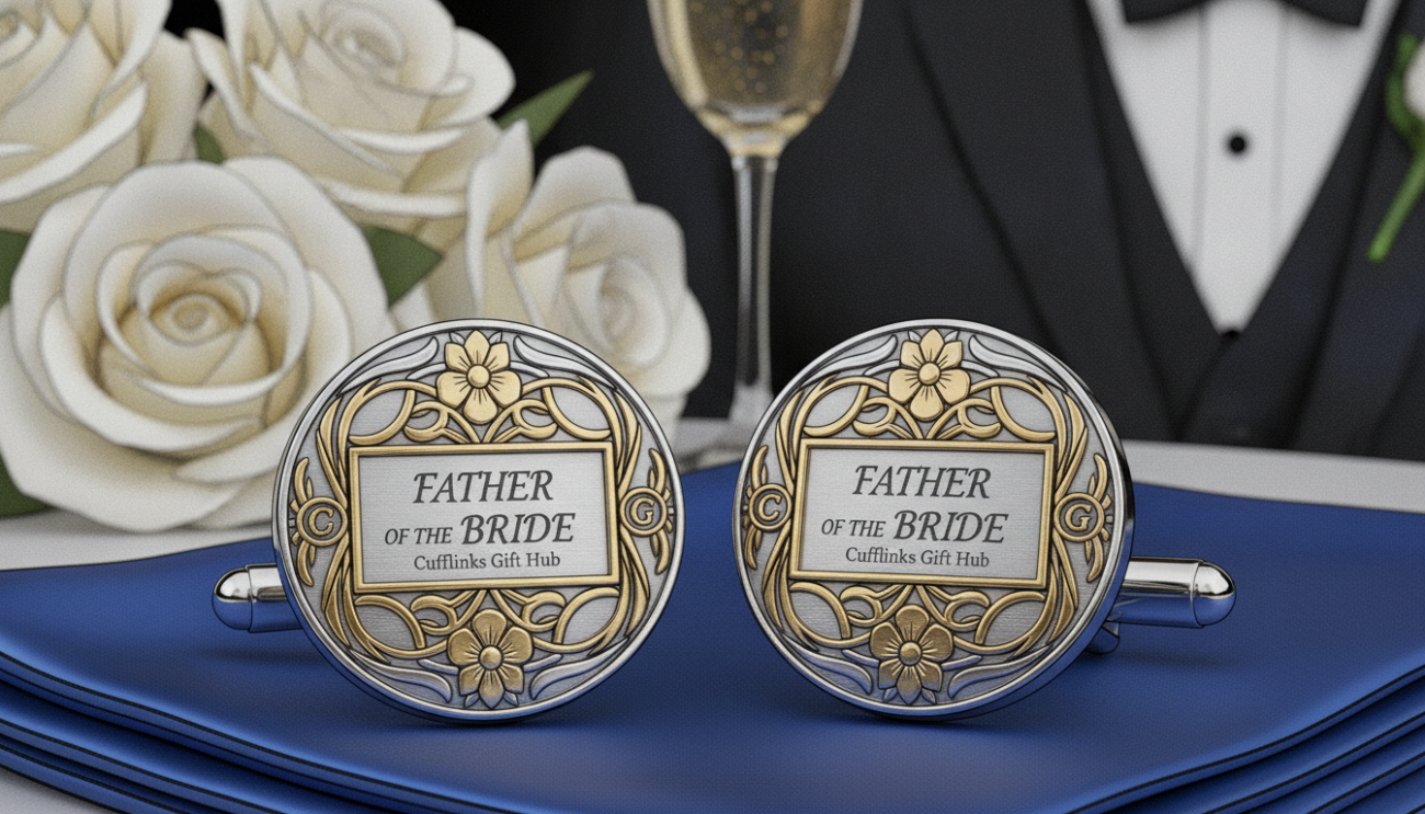 A pair of stylish father of the bride cufflinks showcased prominently in the foreground, featuring intricate designs and a classic elegance. The cufflinks are set against a soft, blurred fabric background that suggests a sophisticated wedding ambiance. Delicate lighting highlights the metallic sheen of the cufflinks, with a gentle glare reflecting their polished surfaces. The cufflinks should exhibit a modern yet timeless style, incorporating subtle motifs such as floral engravings or monograms. The image is captured from a slightly elevated angle, inviting viewers to appreciate the details. The overall mood is one of elegance and refinement, perfect for a wedding theme. Please include the brand "Cufflinks Gift Hub" prominently within the design of the cufflinks.