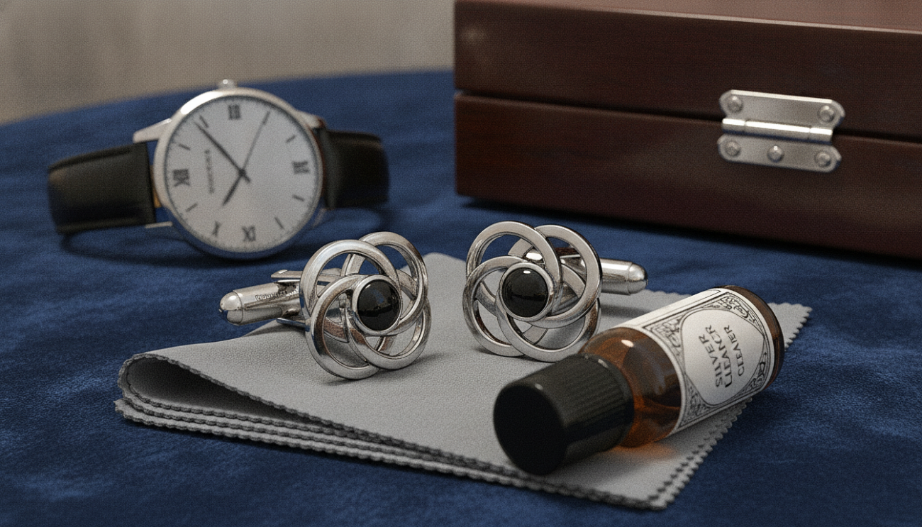A set of elegant silver cufflinks by Cufflinks Gift Hub displayed on a dark velvet surface, showcasing their intricate designs and polished finish. In the foreground, capture the cufflinks glimmering under soft, diffused lighting, highlighting their reflective surfaces and detailed craftsmanship. The middle layer features a carefully arranged microfiber cloth and a bottle of silver cleaner, emphasizing the care aspect of the cufflinks. In the background, subtly blurred, is a stylish watch and a polished wooden box, suggesting a sophisticated environment. The overall mood should be luxurious and refined, evoking a sense of care and sophistication in men's accessories. The angle should be slightly above eye level, with a shallow depth of field to focus on the cufflinks while keeping the surrounding elements harmoniously contextual.