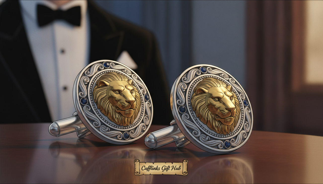 A set of luxurious cufflinks displayed elegantly on a polished mahogany surface, capturing the essence of refined sophistication for formal events. The cufflinks feature intricate designs with a combination of gold and silver accents, highlighted by a subtle sheen that reflects soft, ambient lighting. In the background, a blurred image of a classic tuxedo jacket adds depth, evoking the atmosphere of an upscale gala or formal gathering. The composition is shot close-up with a shallow depth of field, showcasing the craftsmanship and material details of the cufflinks while maintaining an air of exclusivity. The mood is classy and sophisticated, inviting the viewer to appreciate the timeless elegance of these accessories. Perfect for discerning gentlemen, from Cufflinks Gift Hub.
