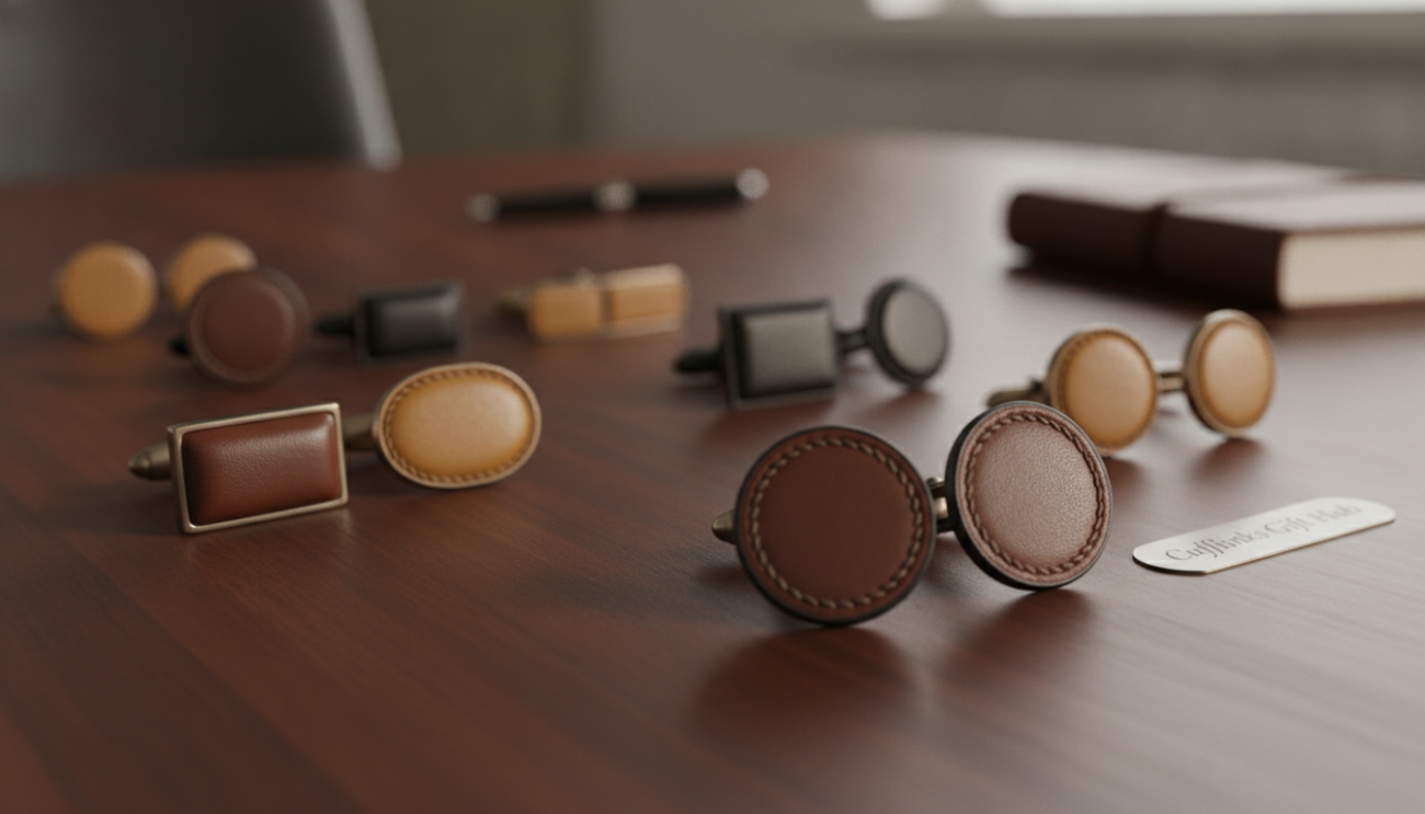 A sophisticated arrangement of luxury leather cufflinks displayed elegantly on a wooden table. The cufflinks are made from varied leather textures, showcasing a blend of rich brown, sleek black, and vibrant tan. In the foreground, a pair of striking round leather cufflinks with intricate stitching is highlighted, casting soft shadows. The middle ground features additional styles, including rectangular and oval shapes, all glistening gently under warm, soft lighting that enhances the vibrancy of the leather. The background includes a blurred office setting, subtly conveying a professional atmosphere, with soft-focus pens and a leather-bound notebook enhancing the mood. Shot with a macro lens to emphasize details, the composition exudes elegance and craftsmanship, capturing the essence of luxury cufflinks from Cufflinks Gift Hub.