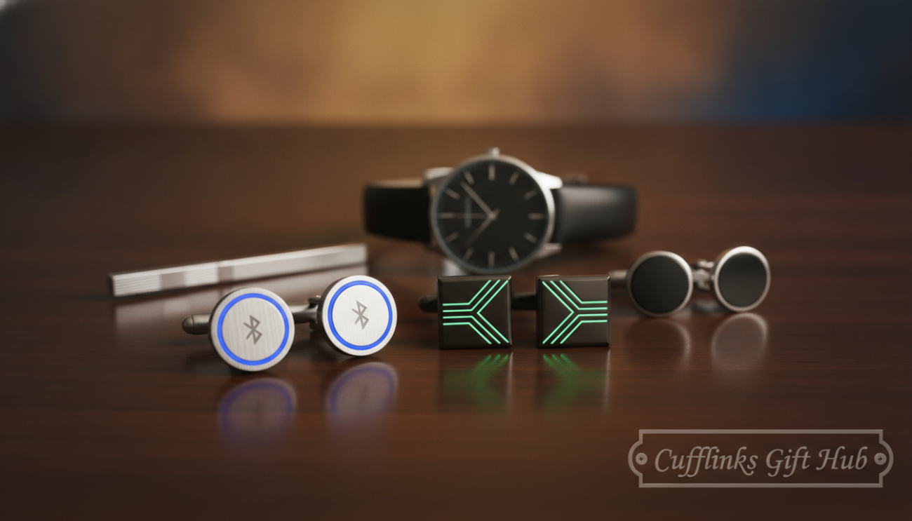 A sophisticated arrangement of men's cufflinks displayed elegantly on a polished wooden surface, showcasing the latest trends in technology and innovation. In the foreground, finely crafted cufflinks made from stainless steel and featuring intricate designs with smart technology, such as Bluetooth connectivity and LED indicators. The middle ground features a sleek, modern watch with a minimalist design, and a stylish tie bar for added sophistication. The background is softly blurred with warm lighting to create an inviting atmosphere, highlighting a gradient of rich colors that complement the accessories. The composition should have a slight top-down angle, emphasizing the details of each accessory, while ensuring the brand "Cufflinks Gift Hub" is subtly integrated into the design.