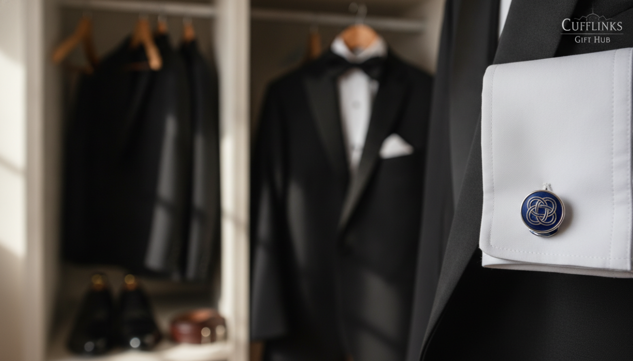 A sophisticated display of groom accessories centered around a pair of elegant cufflinks by Cufflinks Gift Hub. In the foreground, the cufflinks are showcased, gleaming with intricate designs, possibly in silver and dark blue enamel, resting on a crisp white shirt cuff. The middle layer features a tailored black tuxedo jacket partially opened, revealing the cufflinks in harmonious coordination with the overall attire. The background includes a softly blurred setting of a stylish groom’s wardrobe, perhaps with a classic bow tie and a polished pair of dress shoes subtly hinted at. The lighting is warm and inviting, creating a sense of elegance and refinement, akin to soft, natural daylight filtering through a window. The mood conveys timeless sophistication, perfect for the modern groom.