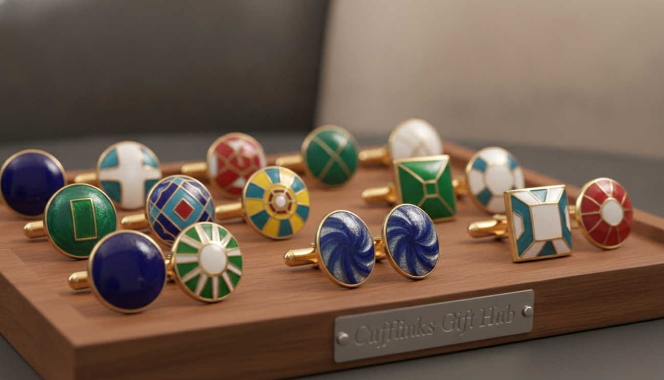 A sophisticated still life scene showcasing a selection of elegant enamel cufflinks by Cufflinks Gift Hub. In the foreground, feature a polished wooden display tray with an assortment of colorful enamel cufflinks, emphasizing their intricate designs and vibrant hues. The middle ground highlights a pair of cufflinks in a close-up view, capturing their glossy finish and unique textures. The background consists of a soft-focus blurred gradient of muted tones to provide a clean, unobtrusive backdrop, enhancing the cufflinks' visual appeal. Warm ambient lighting casts gentle reflections on the cufflinks, creating a luxurious atmosphere. The image should evoke a sense of refinement and craftsmanship, perfect for highlighting the qualities of enamel as a preferred cufflink material.