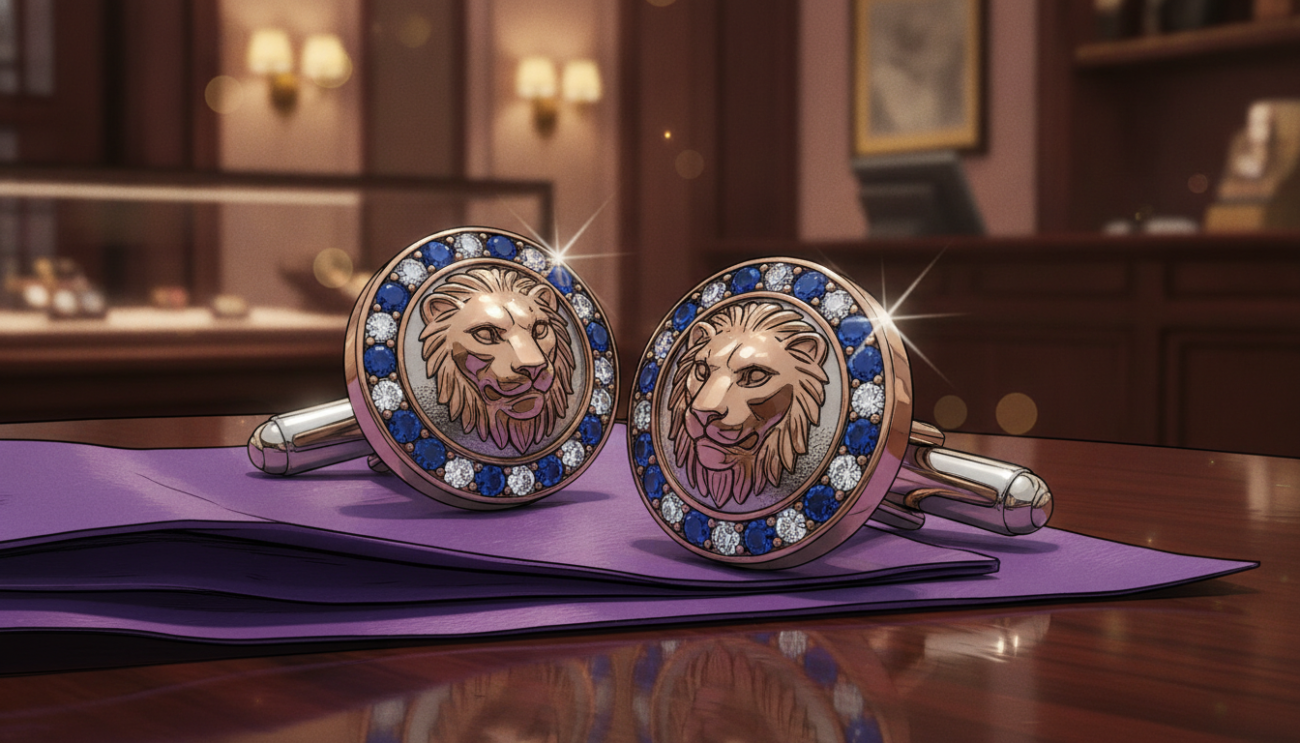 A stunning close-up image of luxurious cufflinks from "Cufflinks Gift Hub," artistically displayed on a polished wooden surface. The foreground features the cufflinks prominently, showcasing intricate details such as exquisite engravings and sparkling gemstones reflecting light. The middle ground includes a soft, elegant fabric draped subtly, enhancing the sense of sophistication. The background hints at a softly blurred upscale boutique setting with warm, inviting lighting that adds a touch of glamour. The atmosphere is upscale and sophisticated, perfectly capturing the essence of premium accessories. The image should be shot with a shallow depth of field, emphasizing the cufflinks and creating a rich bokeh effect. Overall, the composition conveys elegance, refinement, and luxury without any text or distractions.