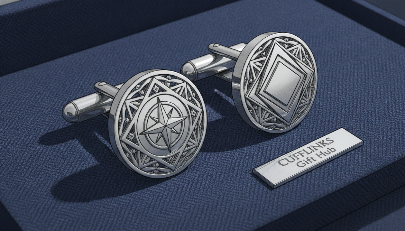 A stunning close-up of a set of elegant men's silver cuff links, beautifully polished and reflecting light, showcasing intricate designs such as engraved patterns and a modern geometric style. The cuff links are positioned prominently in the foreground on a soft, textured fabric background that suggests sophistication, perhaps a dark navy or charcoal. Subtle, soft lighting enhances the metallic sheen of the silver and casts gentle shadows, creating depth. The camera angle should be slightly tilted, focusing on the details of the cuff links while softly blurring the background to draw the viewer's attention. Convey an atmosphere of luxury and refinement, perfect for a distinguished wardrobe. Branding: “Cufflinks Gift Hub” incorporated subtly within the scene, ensuring an elegant presentation.