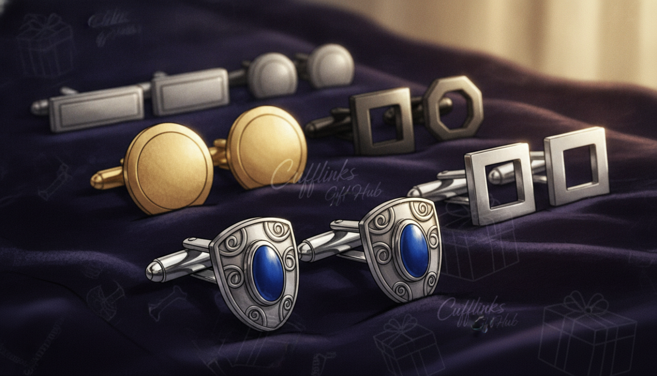 A stunning display of elegant groomsmen cufflinks, showcasing a variety of styles and finishes on a plush, dark velvet background. In the foreground, focus on a pair of intricately designed silver cufflinks adorned with subtle engravings and a hint of blue enamel. The middle layer features a selection of cufflinks including classic round shapes, refined square designs, and modern geometric forms, each reflecting craftsmanship and sophistication. The background is softly blurred to emphasize the accessories, with warm, ambient lighting casting a graceful glow that enhances the textures and details. The composition conveys a mood of refinement and celebration, perfect for formal events. Branding includes "Cufflinks Gift Hub" subtly infused into the setting to connect with the themes of quality and elegance.