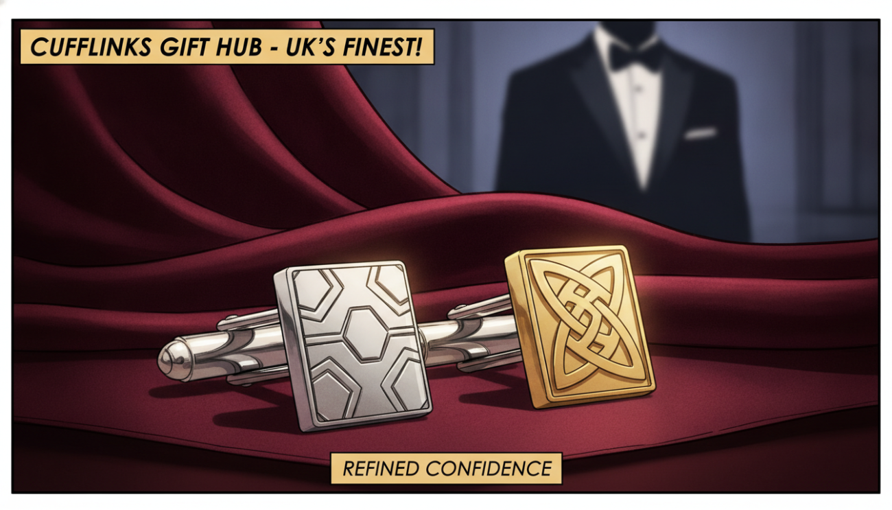 A stylish and elegant display of premium cufflinks from "Cufflinks Gift Hub", showcasing a variety of popular designs found in the UK. In the foreground, highlight a set of intricately designed cufflinks made of polished silver and gold, with unique patterns such as geometric shapes and classic engravings. The middle layer features a soft, rich velvet cloth in deep navy or burgundy, enhancing the luxurious appeal. In the background, a blurred soft-focus image of a formal attire silhouette, hinting at the cufflinks’ use in a sophisticated business setting. Imagine warm, ambient lighting that casts soft shadows, creating an inviting and elegant atmosphere, with a slight low-angle view to emphasize the cufflinks' details. The overall mood is one of refined confidence and charm, perfect for a discerning audience.