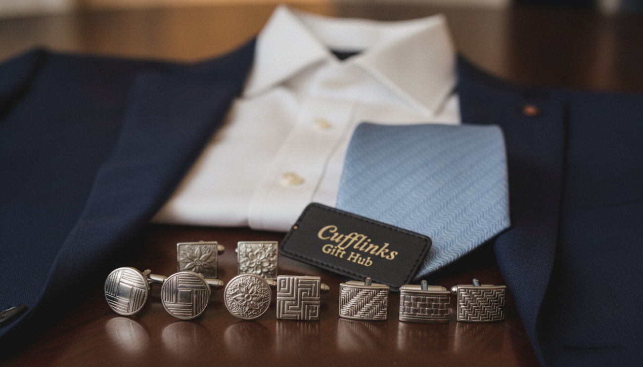 A stylish and elegant flat lay of navy suit accessories, showcasing a variety of cufflinks that emphasize patterns and textures to enhance visual depth. In the foreground, prominently featured are an assortment of cufflinks with intricate designs, including geometric patterns, floral motifs, and classic textures. The middle ground displays a crisp white dress shirt partially unbuttoned, paired with a light blue tie, harmonizing with the navy suit. In the background, a soft, blurred arrangement of a tailored navy suit jacket drapes elegantly over a polished wood surface, illuminated by warm, diffused lighting to create a sophisticated atmosphere. The focus should capture the elegant interplay of colors and textures, enhancing the overall mood of timeless refinement. Include the brand "Cufflinks Gift Hub" subtly within the arrangement.