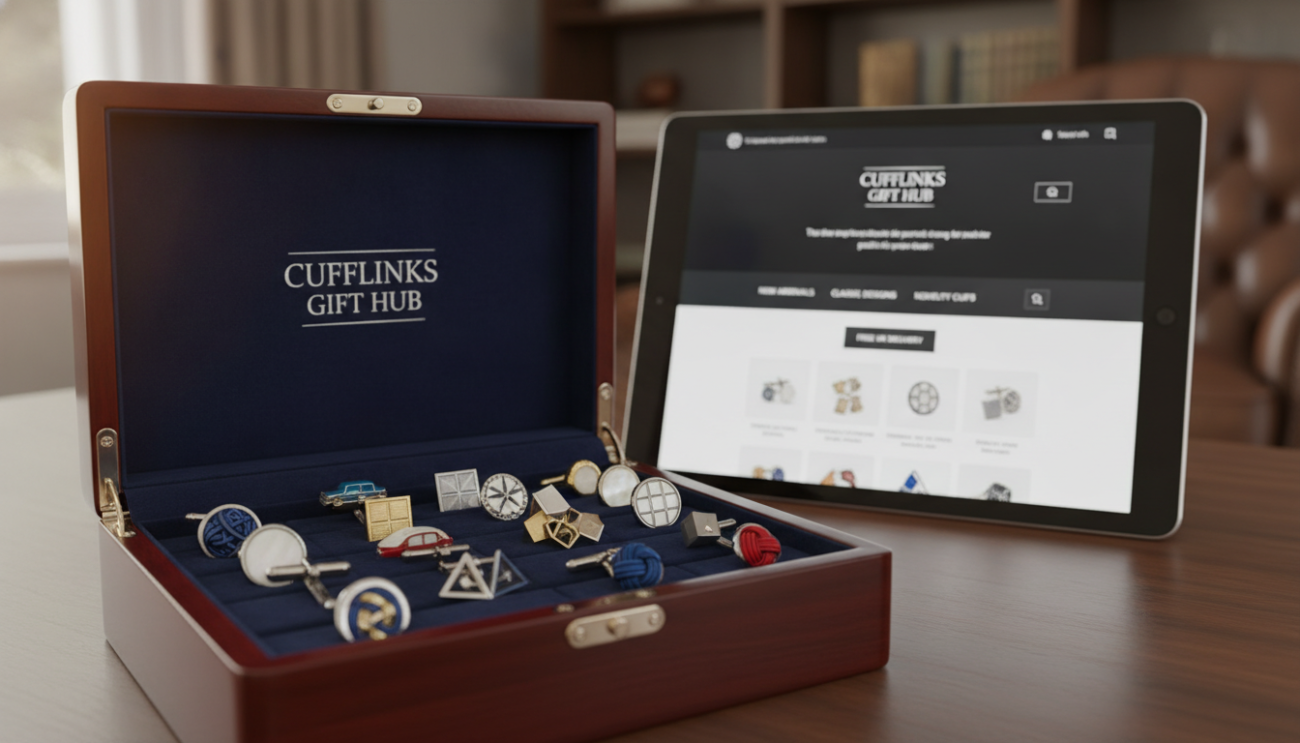 A stylish and sophisticated display of unique cufflinks from Cufflinks Gift Hub, showcasing a variety of designs including quirky novelty shapes, elegant classic styles, and modern geometric patterns. In the foreground, feature a polished wooden cufflink box partially open, revealing the cufflinks inside, beautifully arranged. The middle ground should include a softly blurred background of a well-designed online store interface, emphasizing the theme of online shopping for cufflinks in the UK. Use natural lighting to highlight the lustrous metal finishes and intricate details of the cufflinks, creating a warm and inviting atmosphere. Capture the scene from a slightly elevated angle to provide a comprehensive view, evoking a sense of timeless elegance perfect for the latest trends in cufflinks.